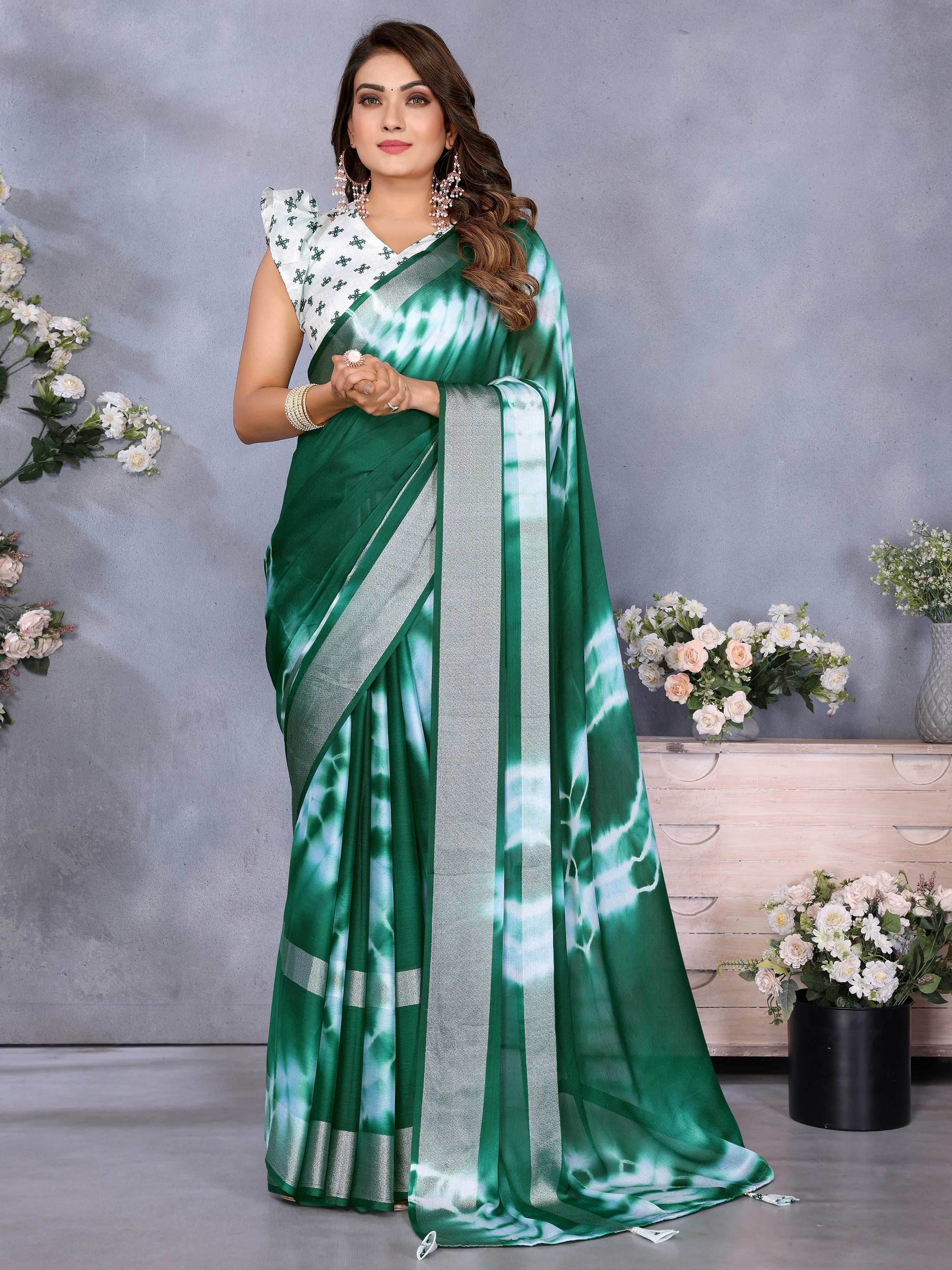 Wonderful Bottle Green Shibori Printed Chiffon Mehendi Wear Saree With Blouse - Zeel Clothing