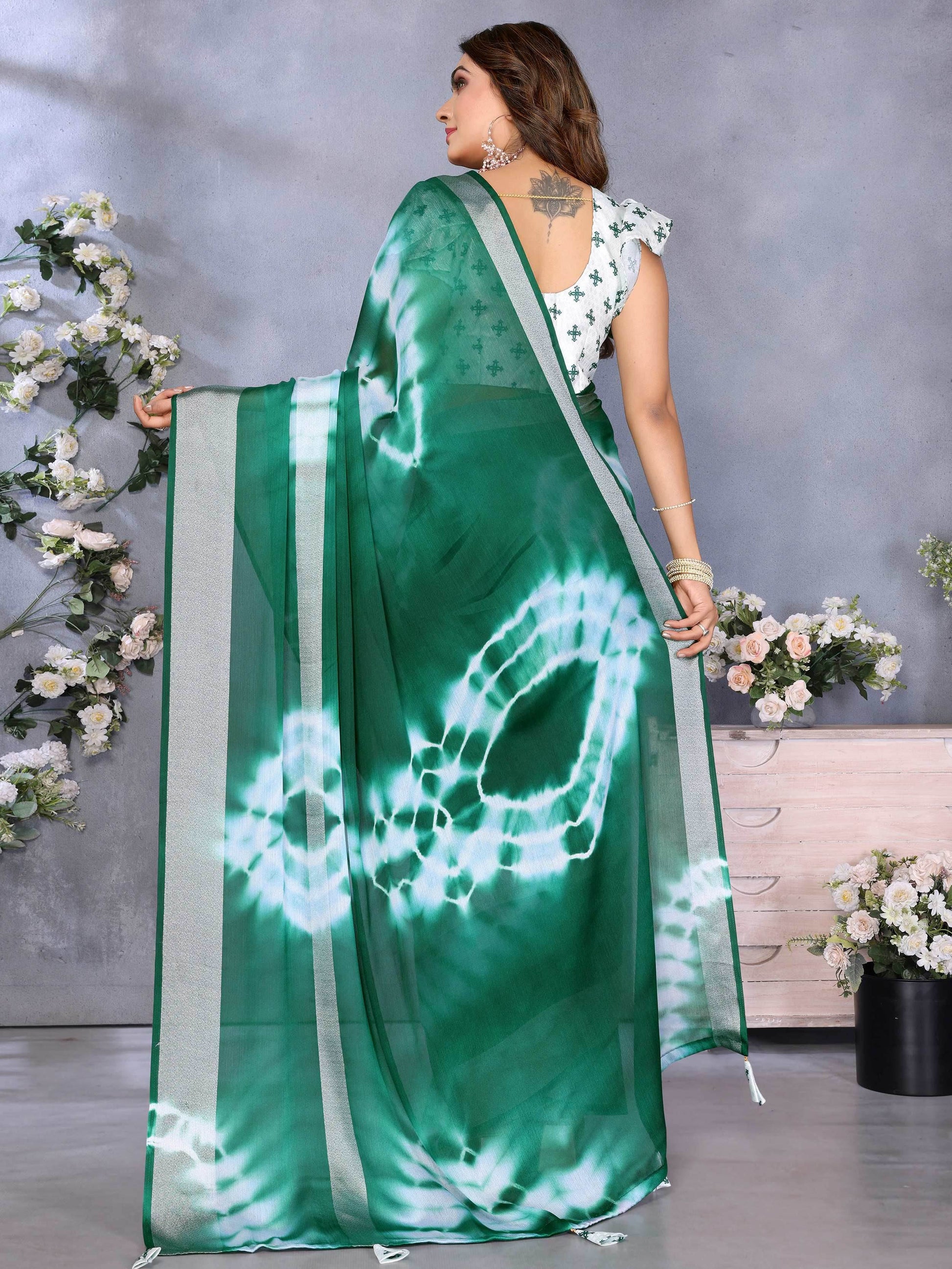 Wonderful Bottle Green Shibori Printed Chiffon Mehendi Wear Saree With Blouse - Zeel Clothing