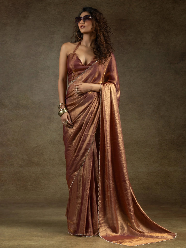 Wonderful Brown Border Work Satin Reception Wear Pre-Stitched Saree - Zeel Clothing