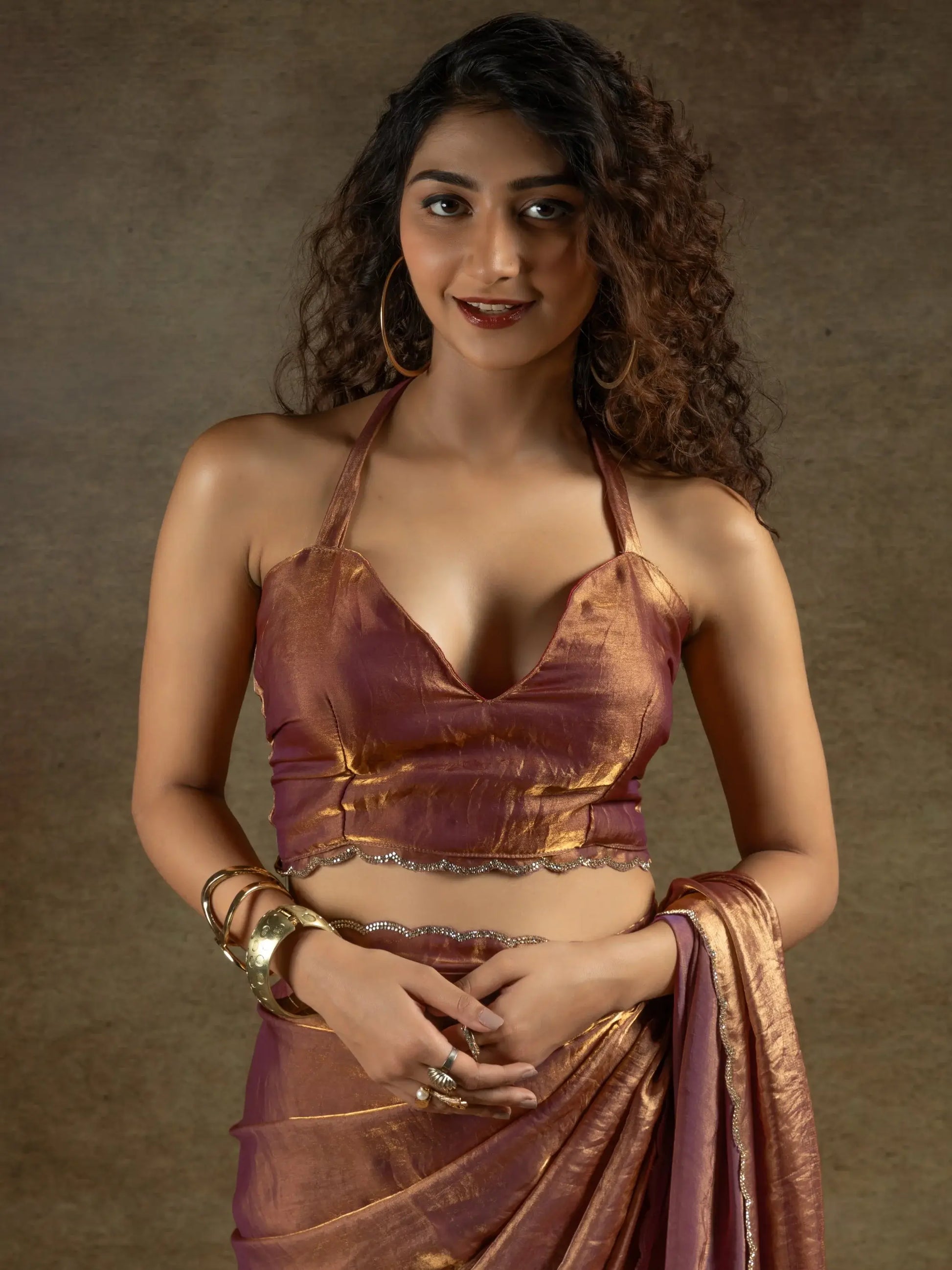 Wonderful Brown Border Work Satin Reception Wear Pre-Stitched Saree - Zeel Clothing