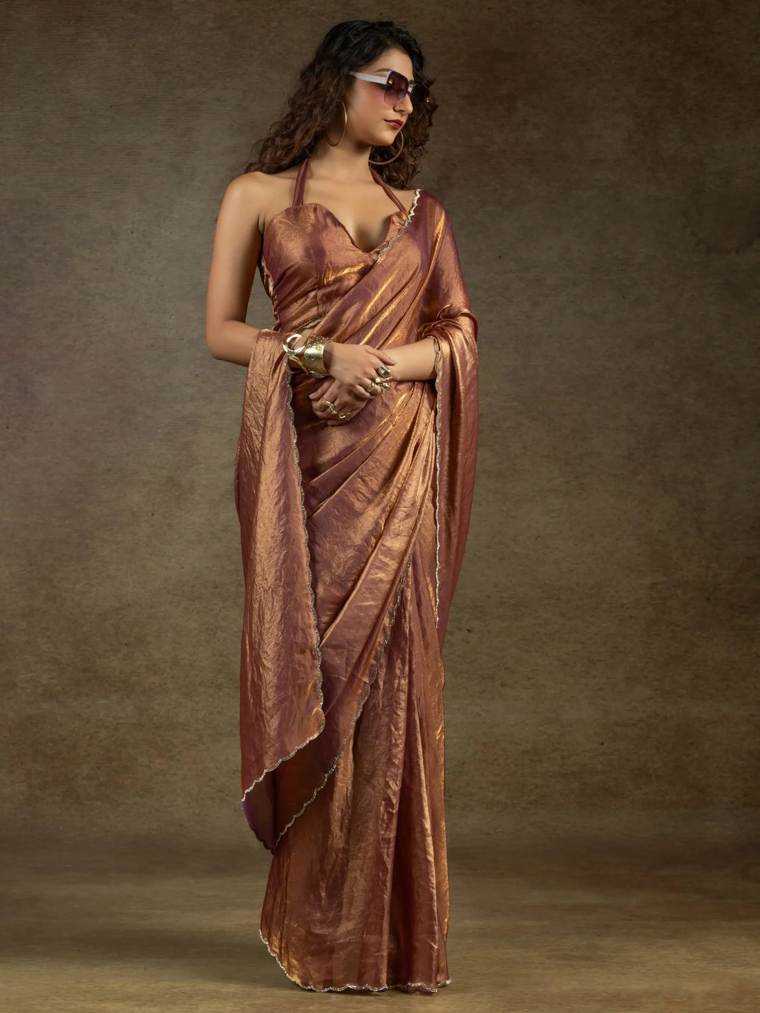 Wonderful Brown Border Work Satin Reception Wear Pre-Stitched Saree - Zeel Clothing