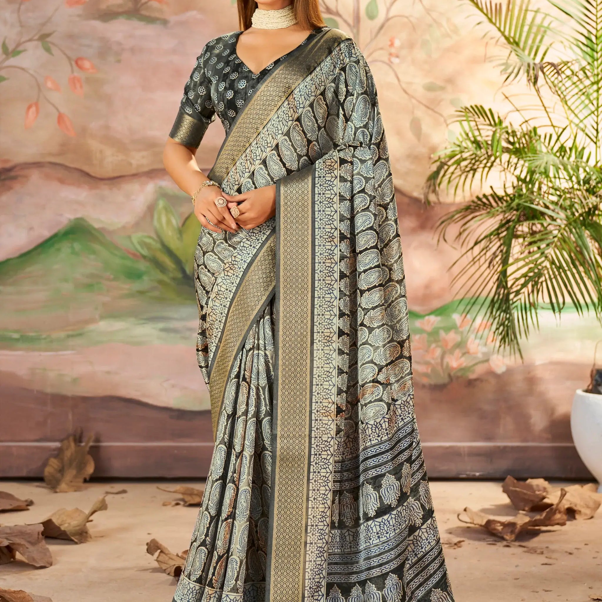 Wonderful Carbon Grey Digital Printed Dola Silk Daily Wear Saree With Blouse - Zeel Clothing