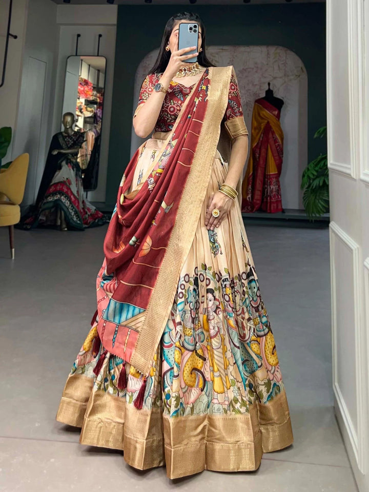 Wonderful Cream Kalamkari Print Silk Events Wear Lehenga Choli