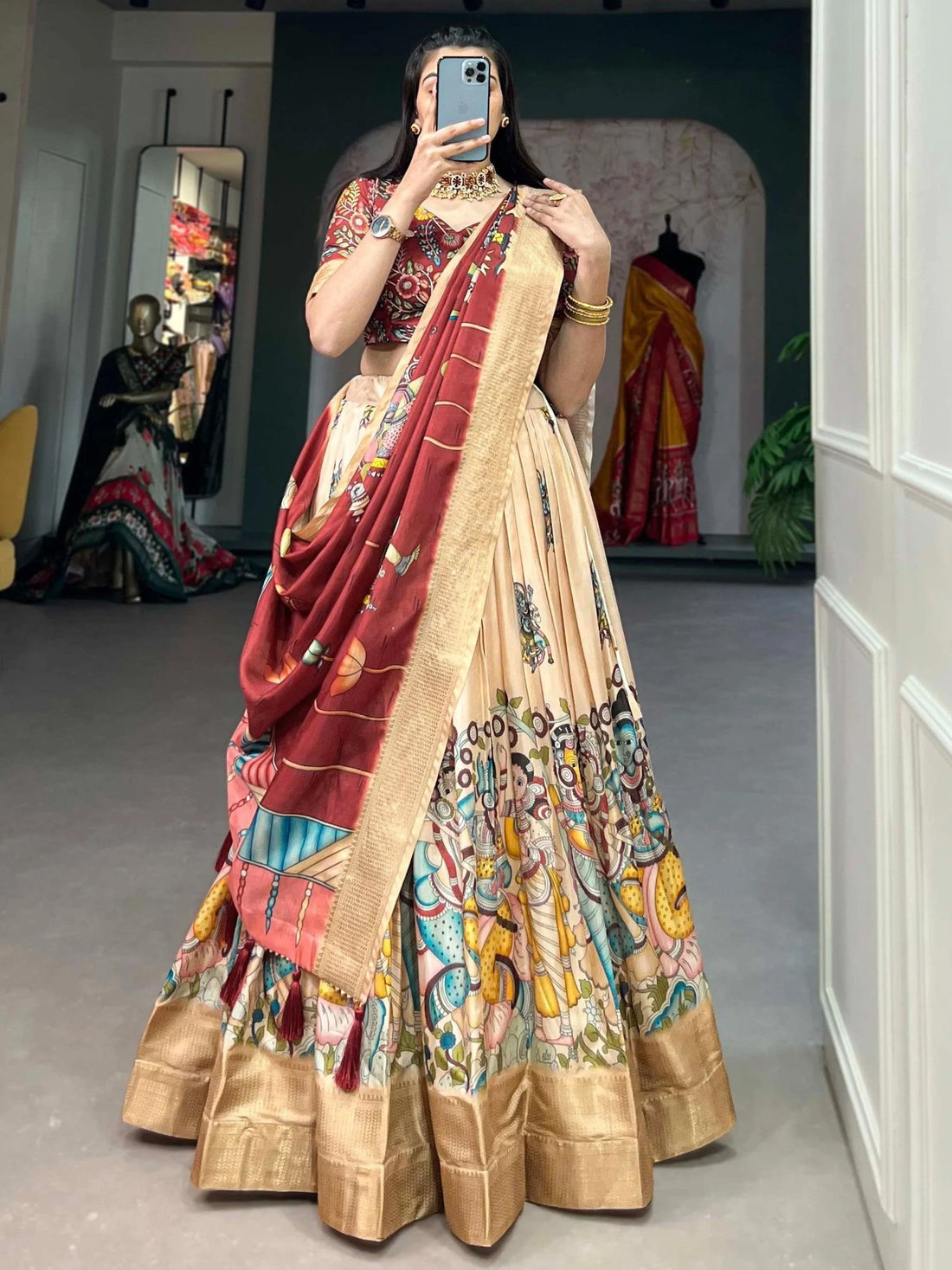 Wonderful Cream Kalamkari Print Silk Events Wear Lehenga Choli