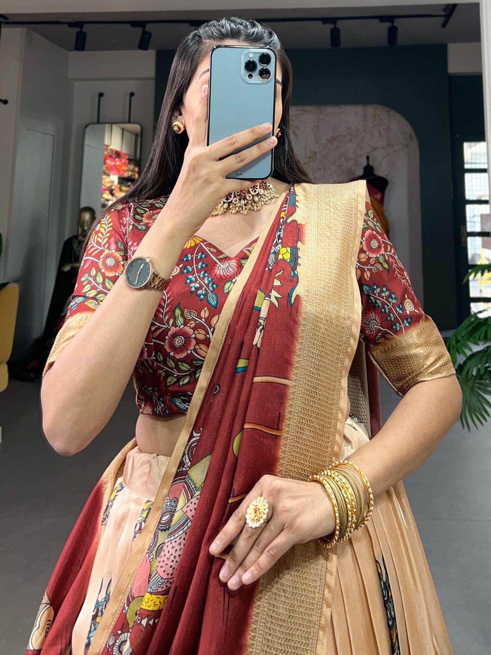 Wonderful Cream Kalamkari Print Silk Events Wear Lehenga Choli - Zeel Clothing