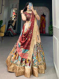 Wonderful Cream Kalamkari Print Silk Events Wear Lehenga Choli - Zeel Clothing
