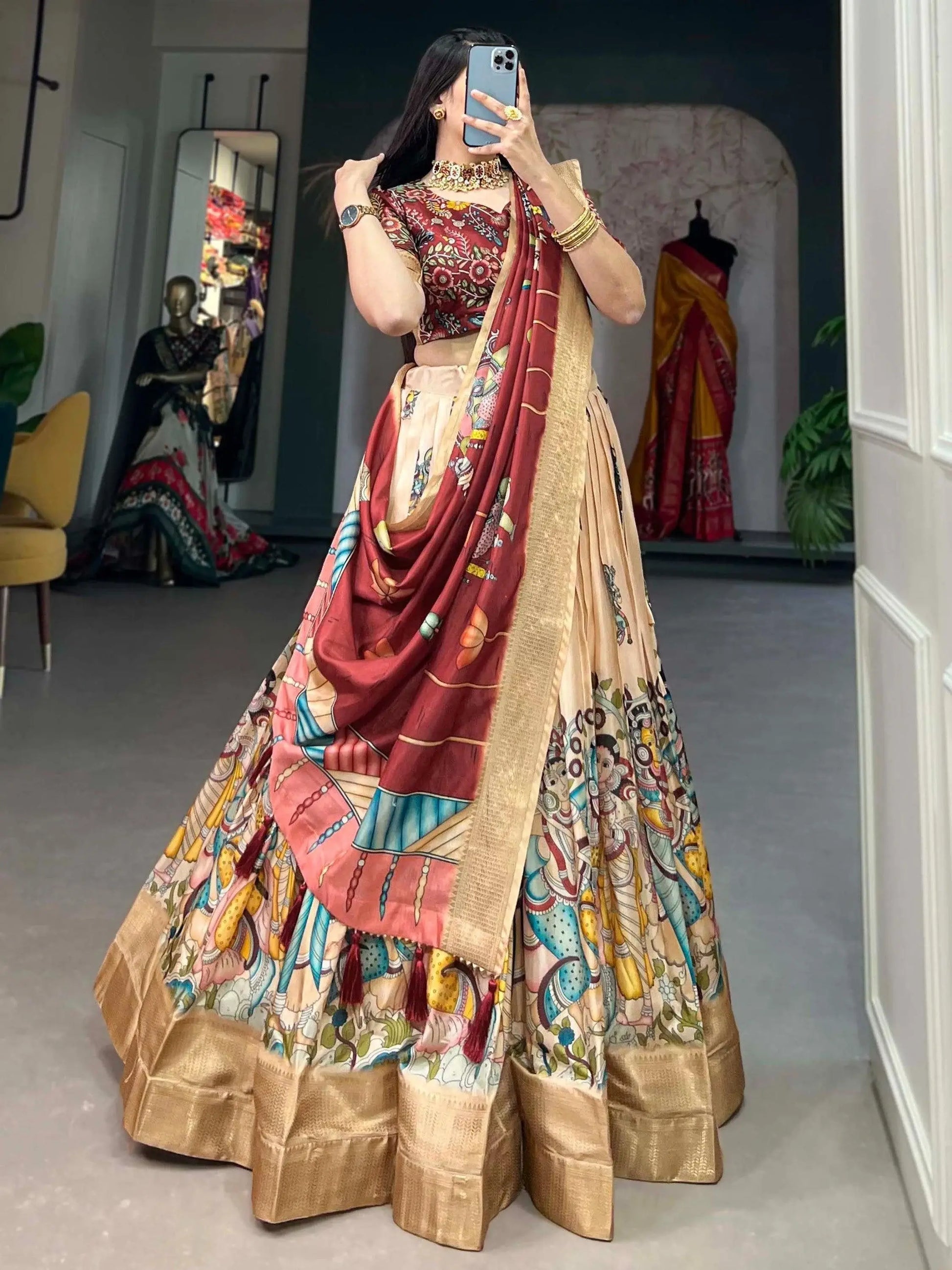Wonderful Cream Kalamkari Print Silk Events Wear Lehenga Choli - Zeel Clothing