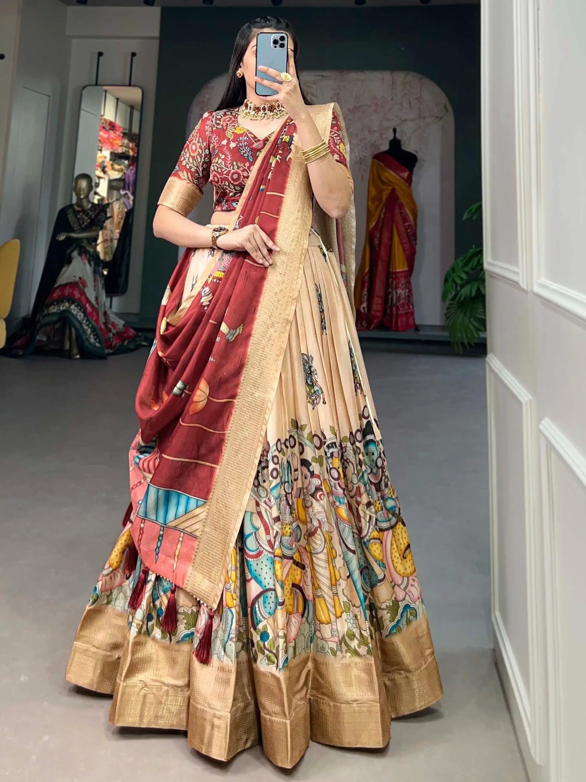 Wonderful Cream Kalamkari Print Silk Events Wear Lehenga Choli - Zeel Clothing