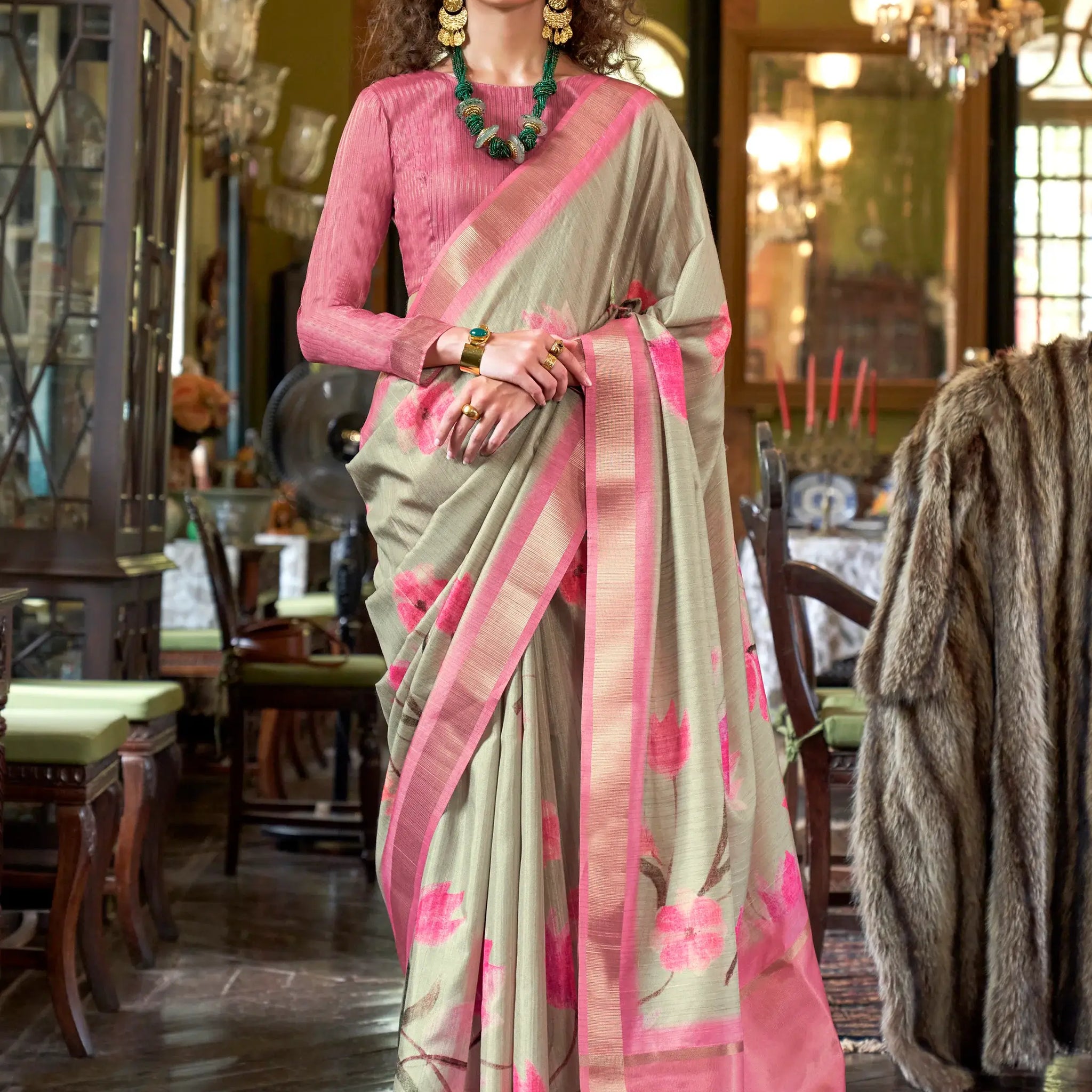 Wonderful Cream Printed Banarasi Silk Traditional Saree With Blouse - Zeel Clothing