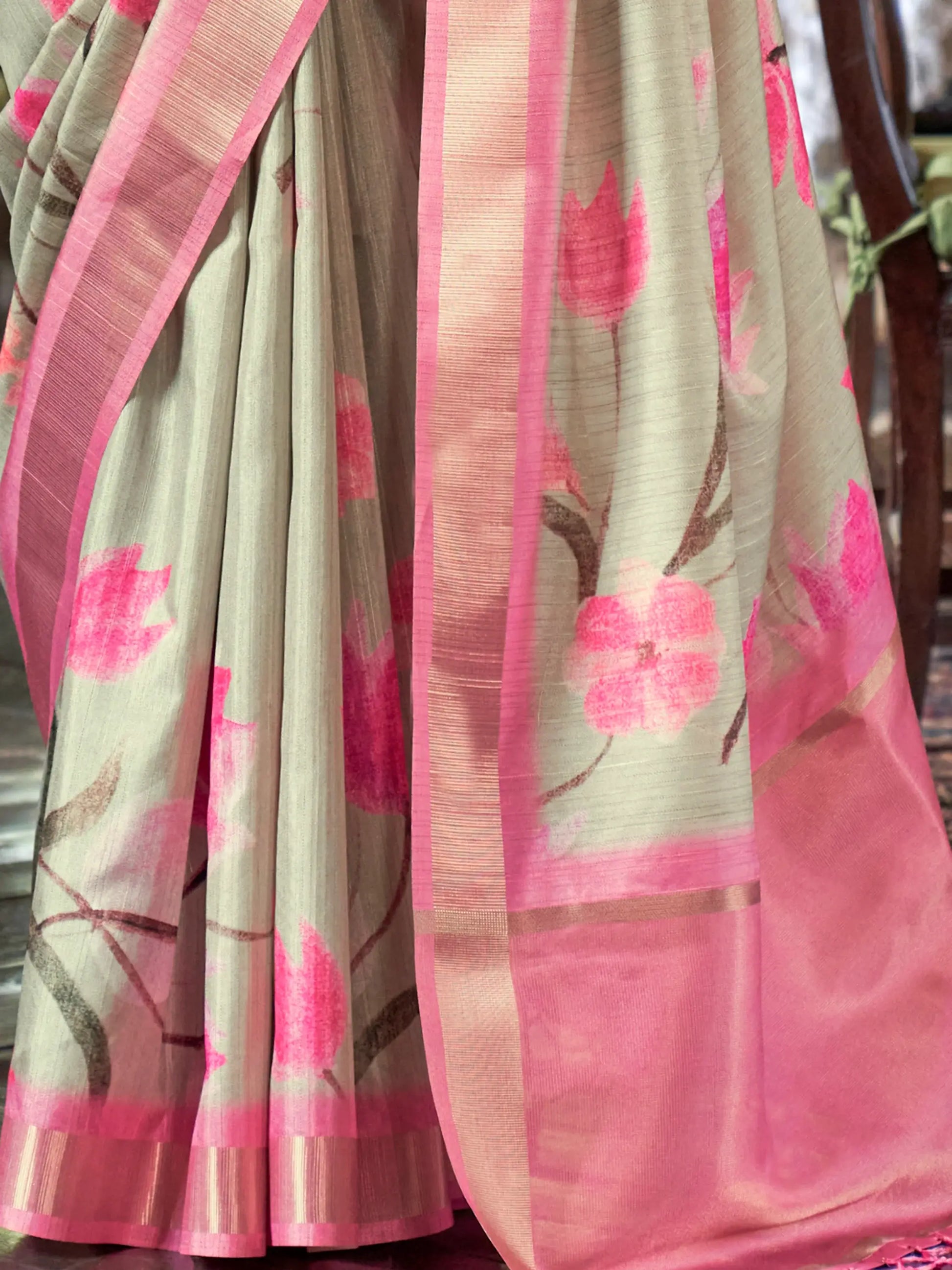 Wonderful Cream Printed Banarasi Silk Traditional Saree With Blouse - Zeel Clothing