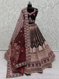 Wonderful Dark Maroon Embroidered Velvet Bridal Lehenga Choli With Dupatta - Zeel Clothing