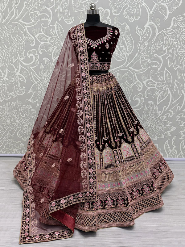 Wonderful Dark Maroon Embroidered Velvet Bridal Lehenga Choli With Dupatta - Zeel Clothing