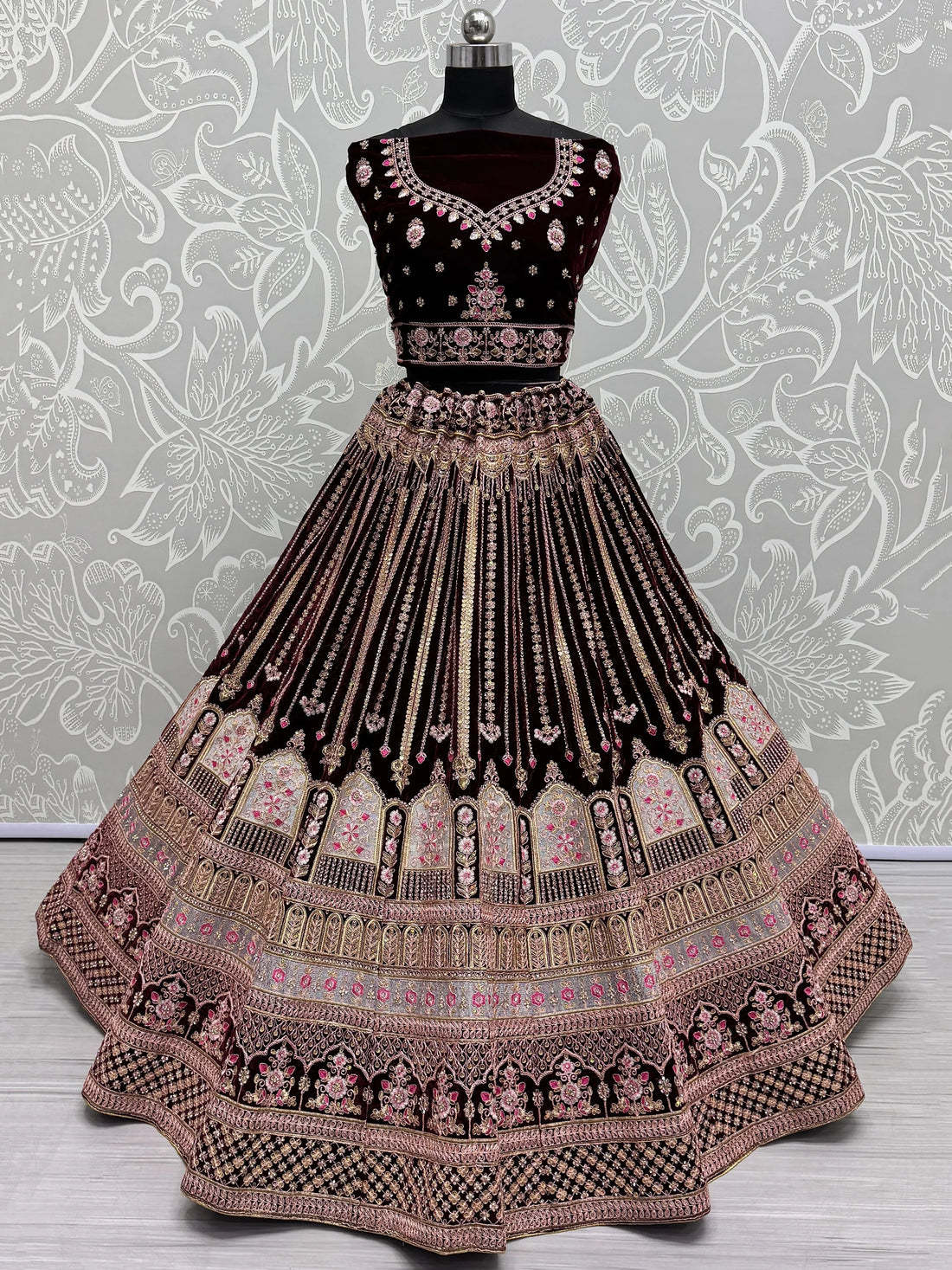Wonderful Dark Maroon Embroidered Velvet Bridal Lehenga Choli With Dupatta - Zeel Clothing