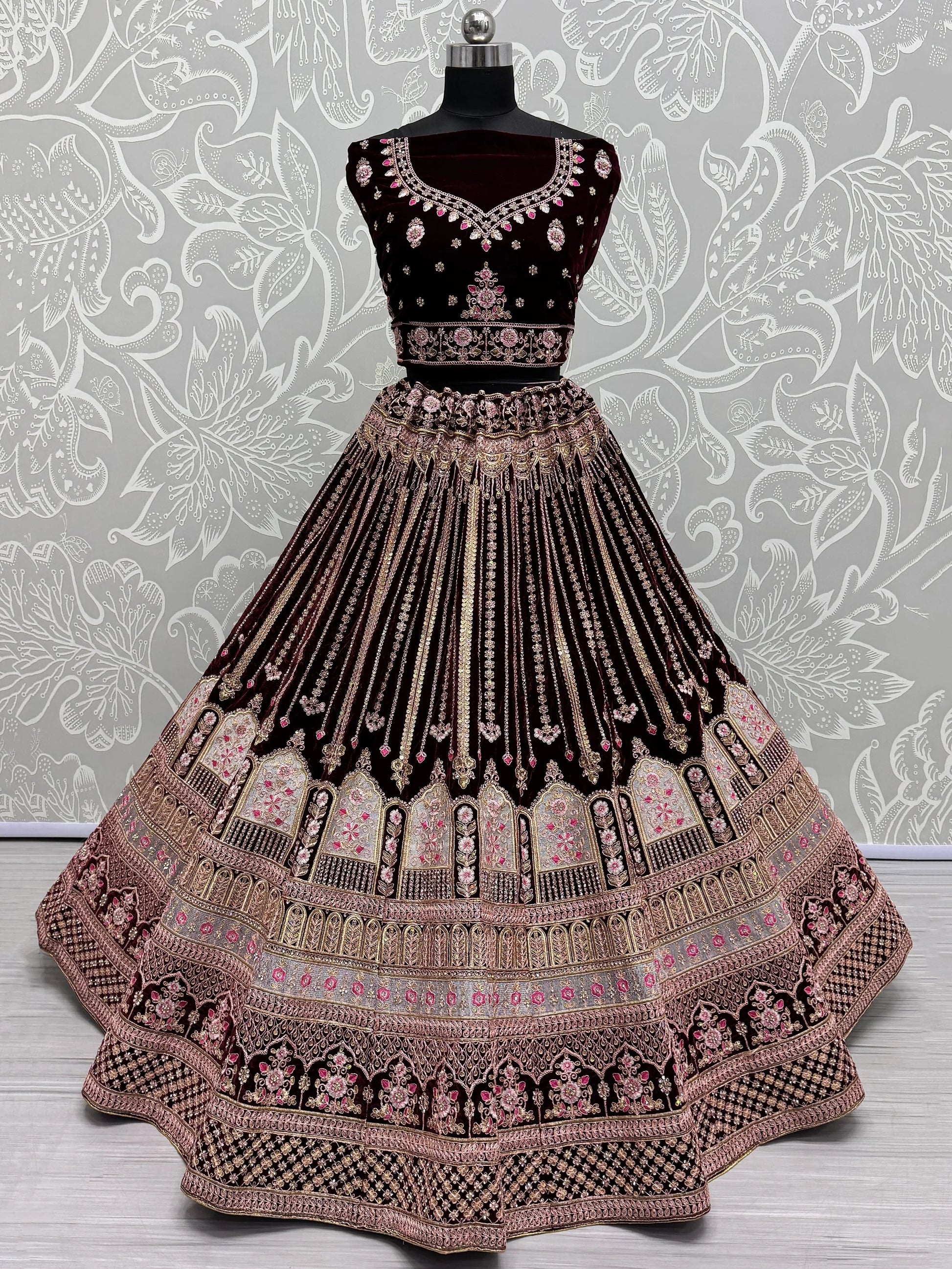 Wonderful Dark Maroon Embroidered Velvet Bridal Lehenga Choli With Dupatta - Zeel Clothing