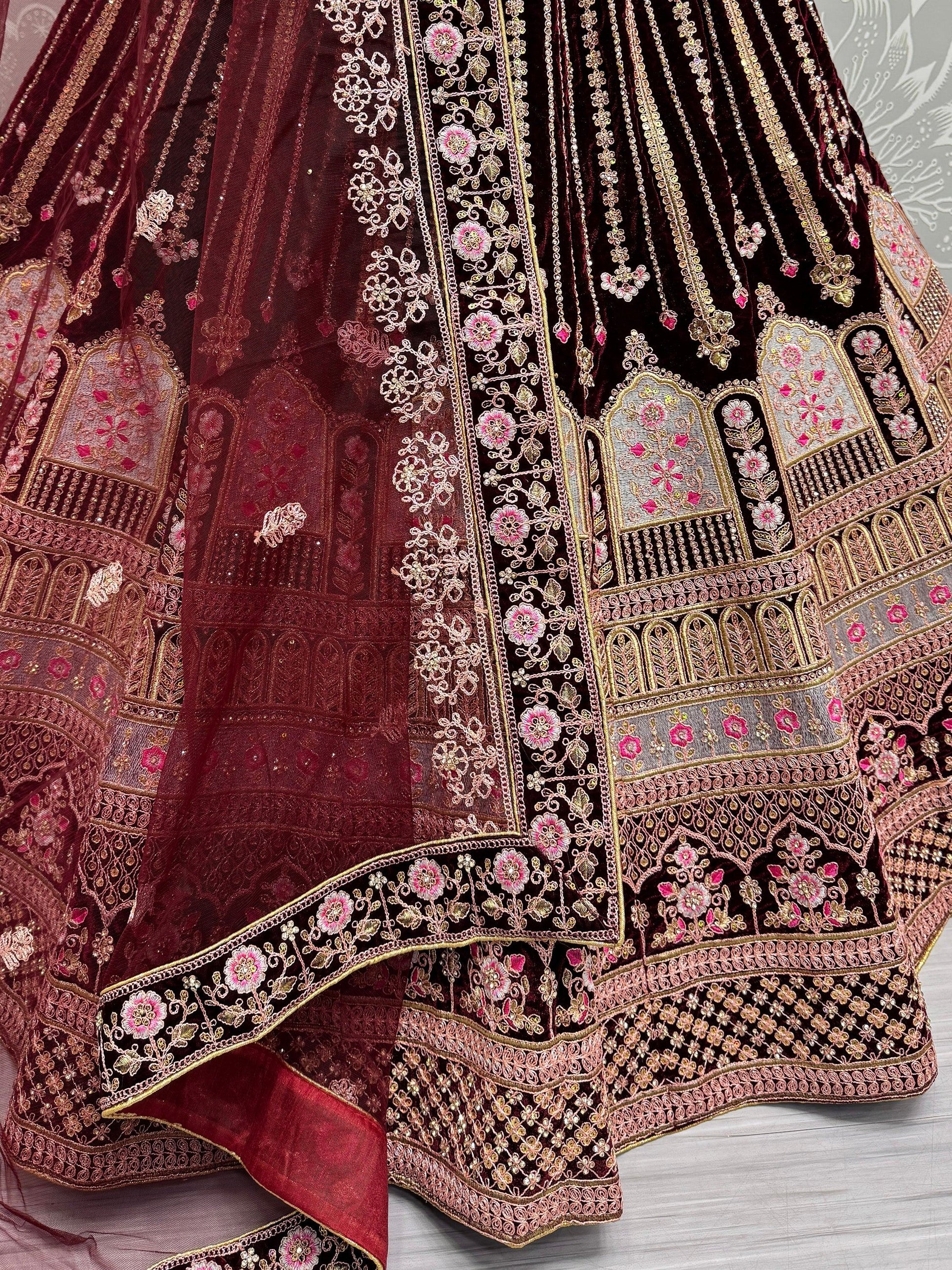 Wonderful Dark Maroon Embroidered Velvet Bridal Lehenga Choli With Dupatta - Zeel Clothing
