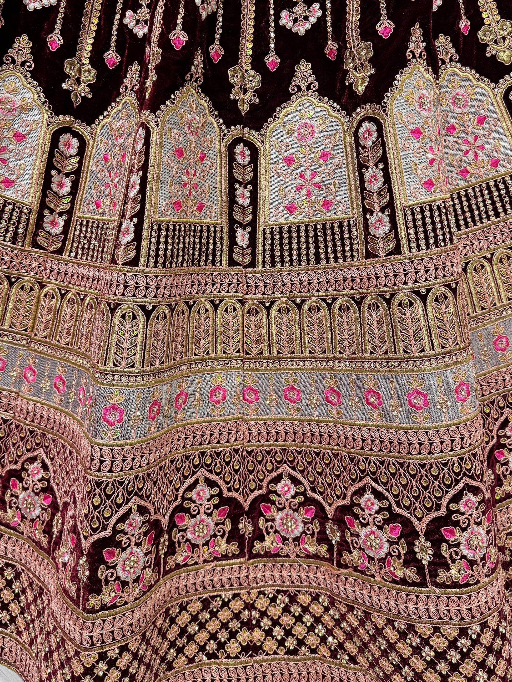 Wonderful Dark Maroon Embroidered Velvet Bridal Lehenga Choli With Dupatta - Zeel Clothing