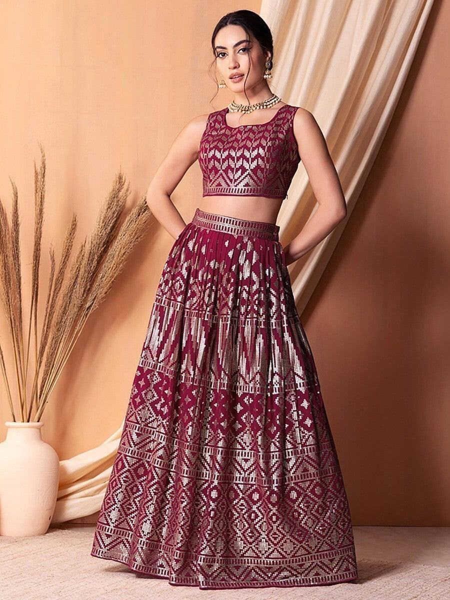 Wonderful Dark Pink Sequins Georgette Wedding Wear Lehenga Choli