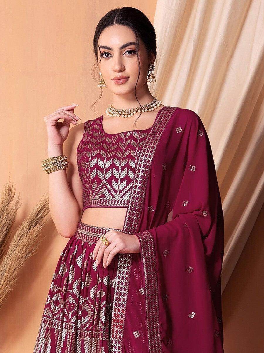 Wonderful Dark Pink Sequins Georgette Wedding Wear Lehenga Choli - Zeel Clothing