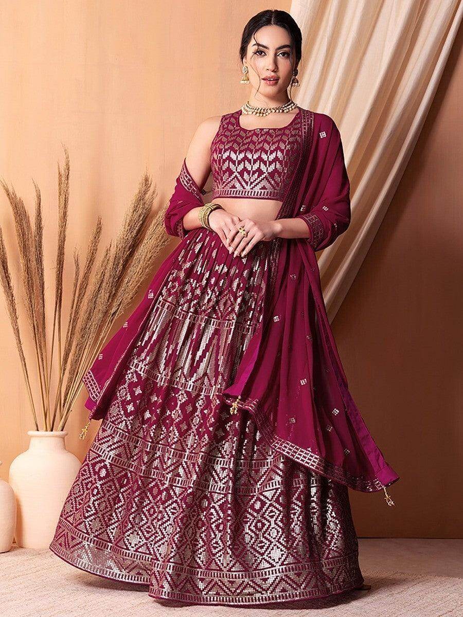 Wonderful Dark Pink Sequins Georgette Wedding Wear Lehenga Choli - Zeel Clothing
