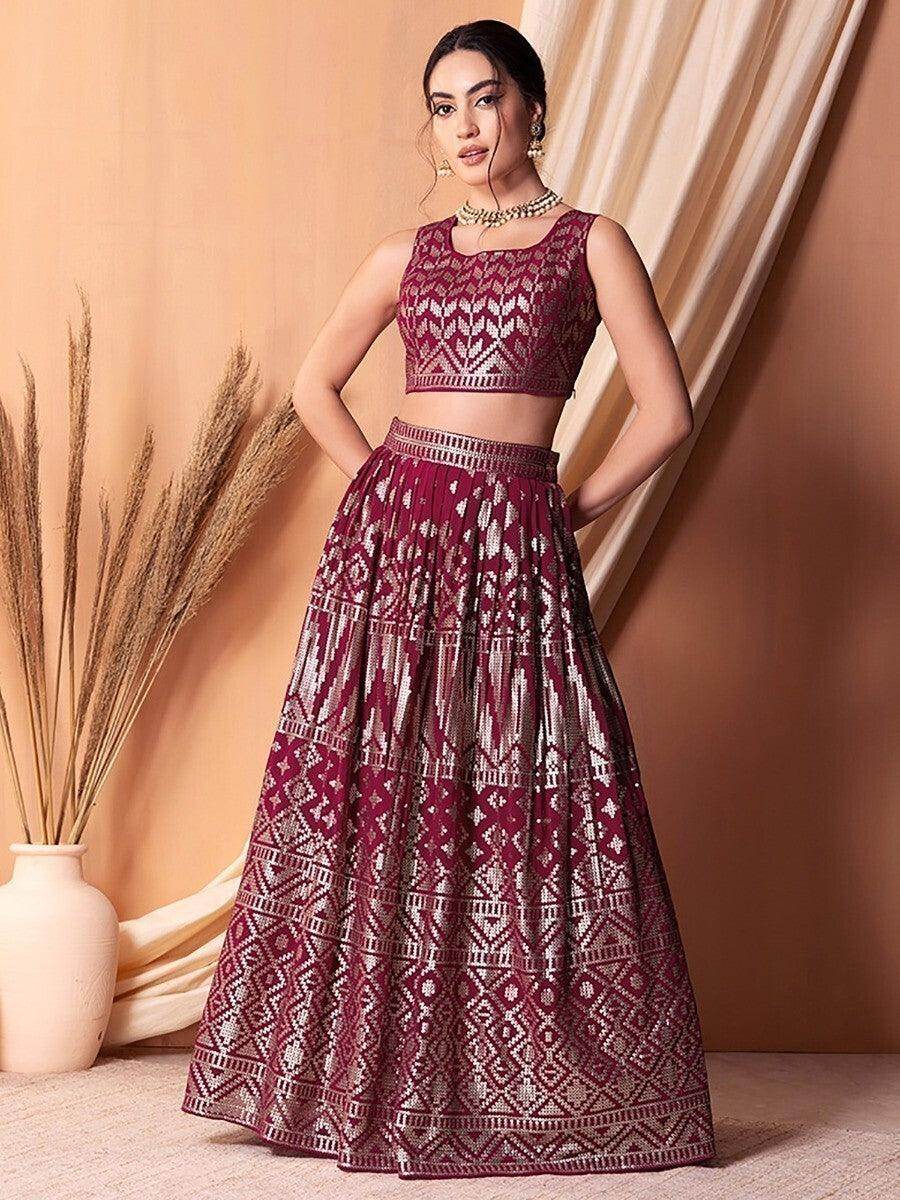Wonderful Dark Pink Sequins Georgette Wedding Wear Lehenga Choli - Zeel Clothing
