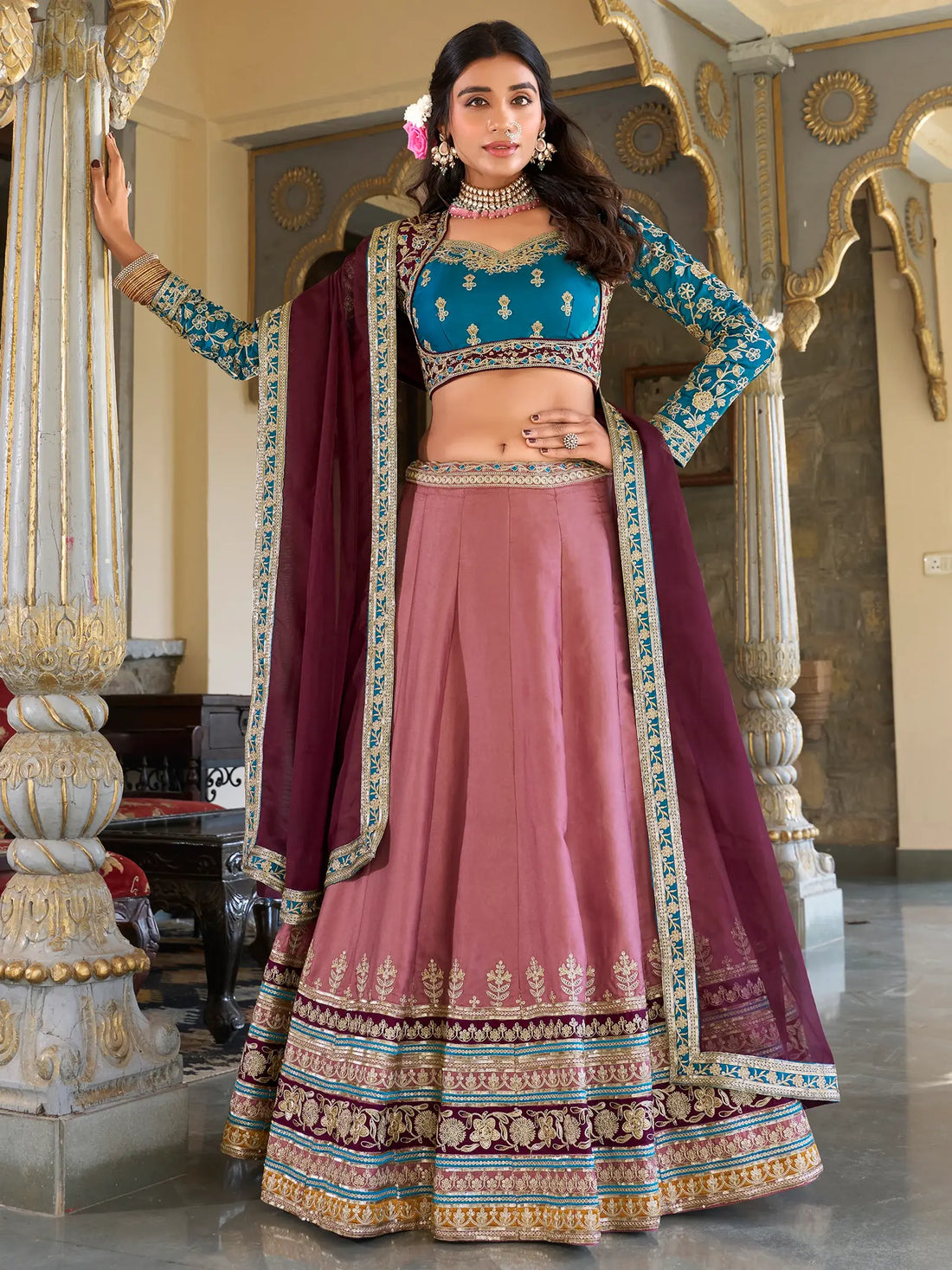 Wonderful Dusty Pink Thread Work Silk Bridesmaid Lehenga Choli - Zeel Clothing