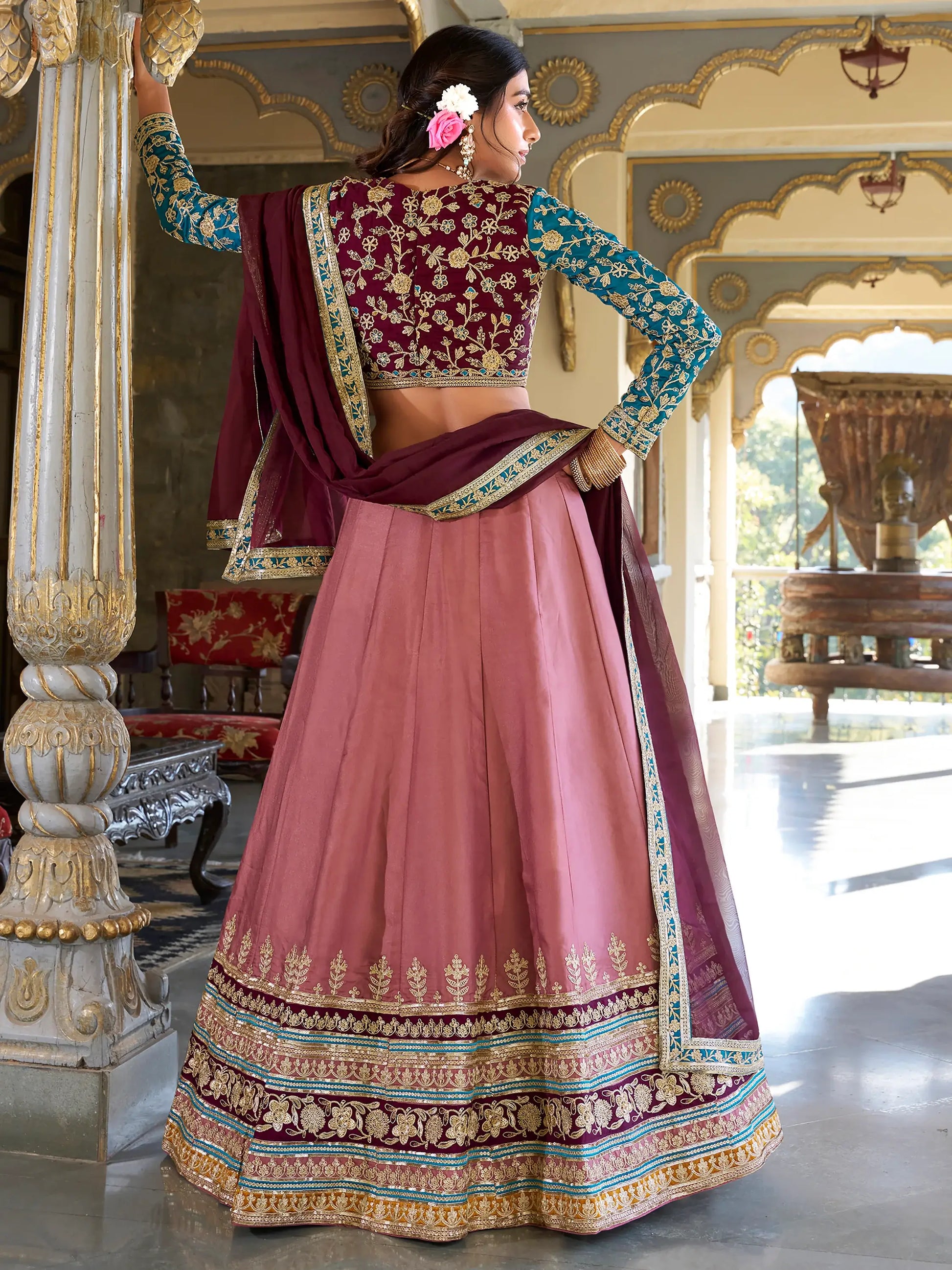 Wonderful Dusty Pink Thread Work Silk Bridesmaid Lehenga Choli - Zeel Clothing