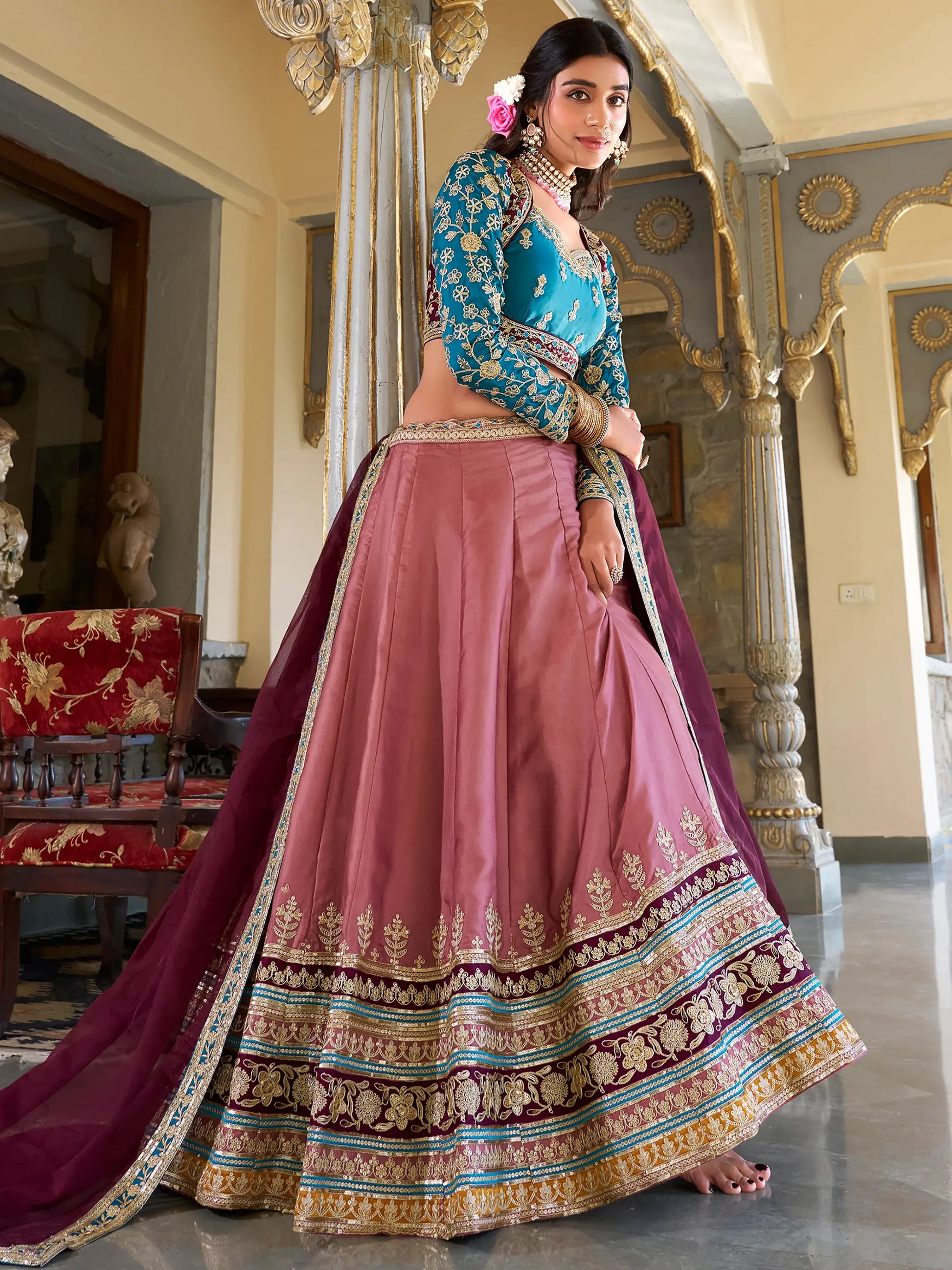 Wonderful Dusty Pink Thread Work Silk Bridesmaid Lehenga Choli - Zeel Clothing