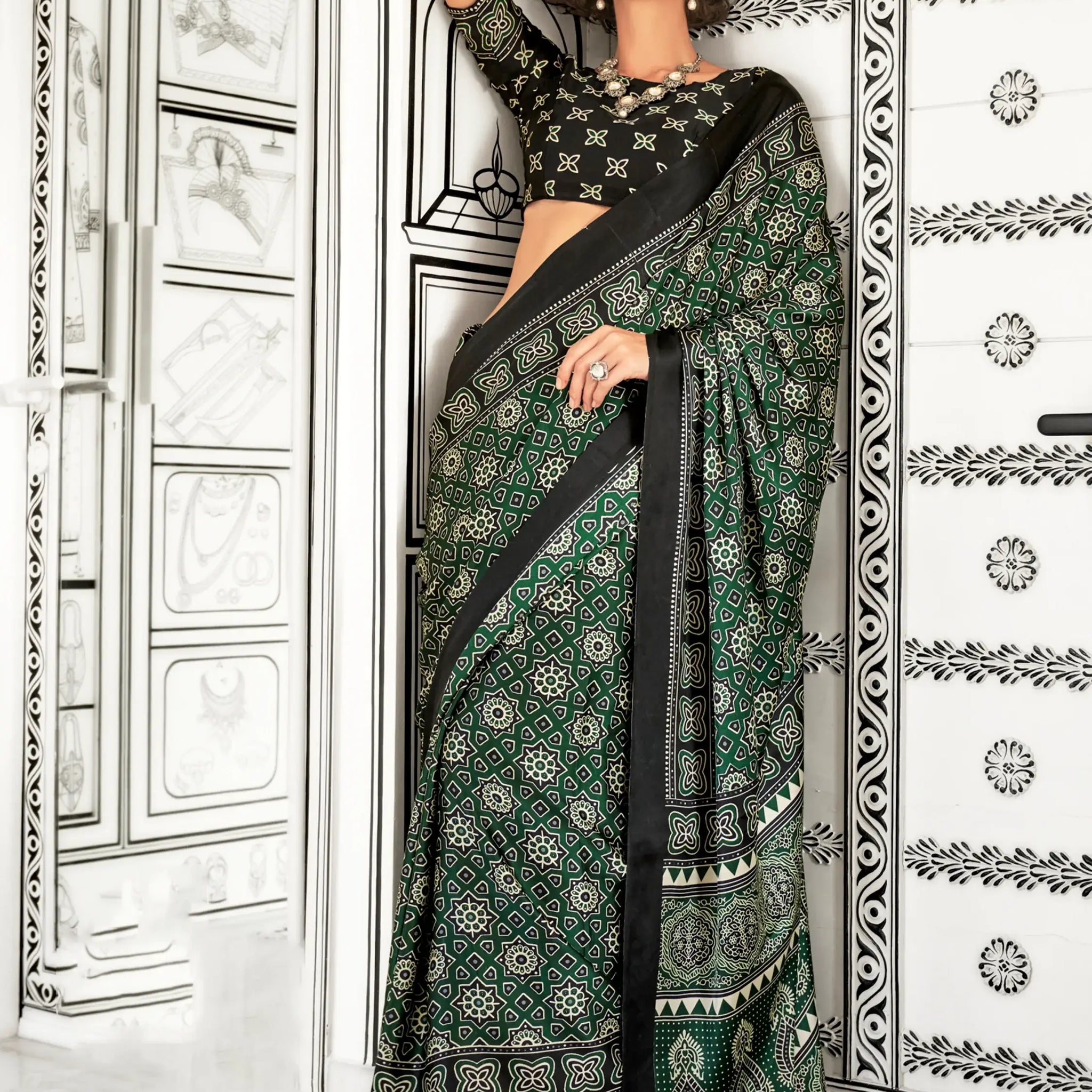 Wonderful Green Digital Printed Satin Festival Wear Saree With Blouse - Zeel Clothing
