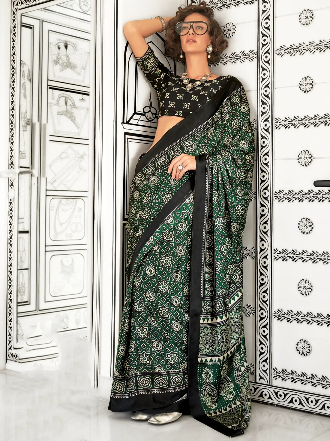 Wonderful Green Digital Printed Satin Festival Wear Saree With Blouse - Zeel Clothing