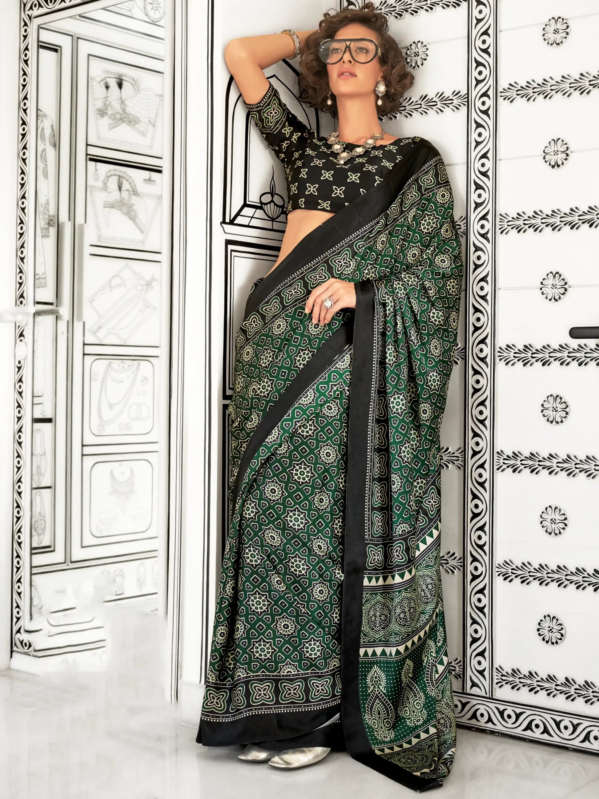 Wonderful Green Digital Printed Satin Festival Wear Saree With Blouse - Zeel Clothing