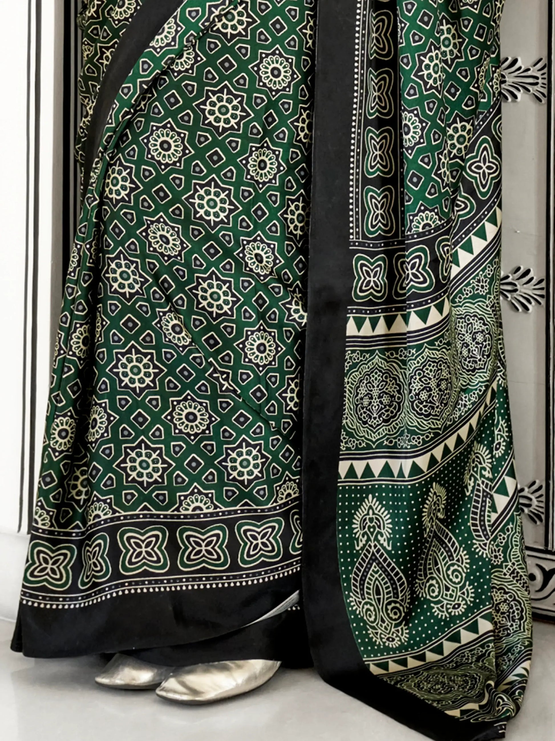 Wonderful Green Digital Printed Satin Festival Wear Saree With Blouse - Zeel Clothing