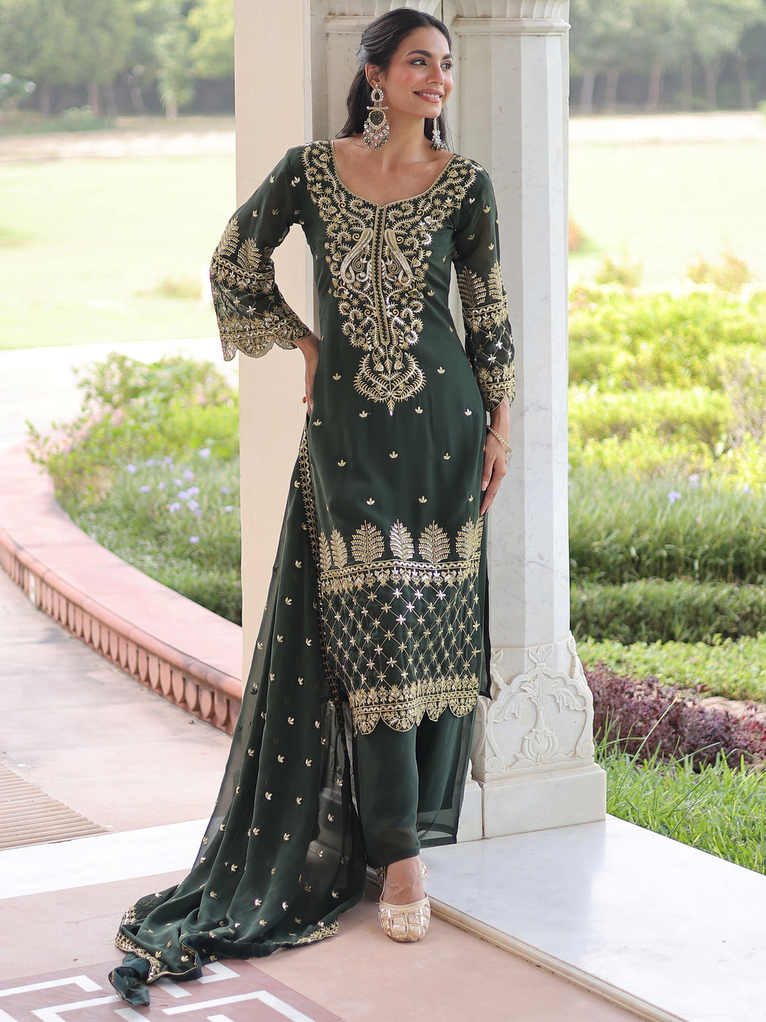 Wonderful Green Embroidered Georgette Mehendi Wear Pant Suit