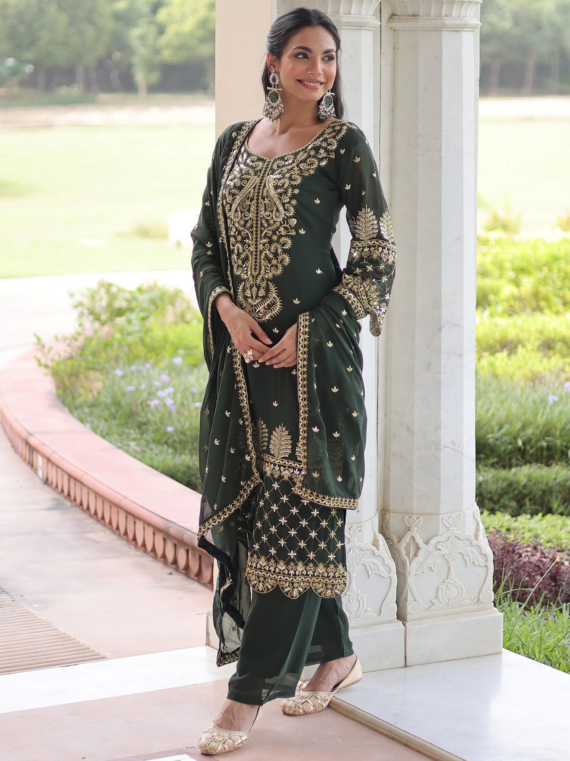 Wonderful Green Embroidered Georgette Mehendi Wear Pant Suit