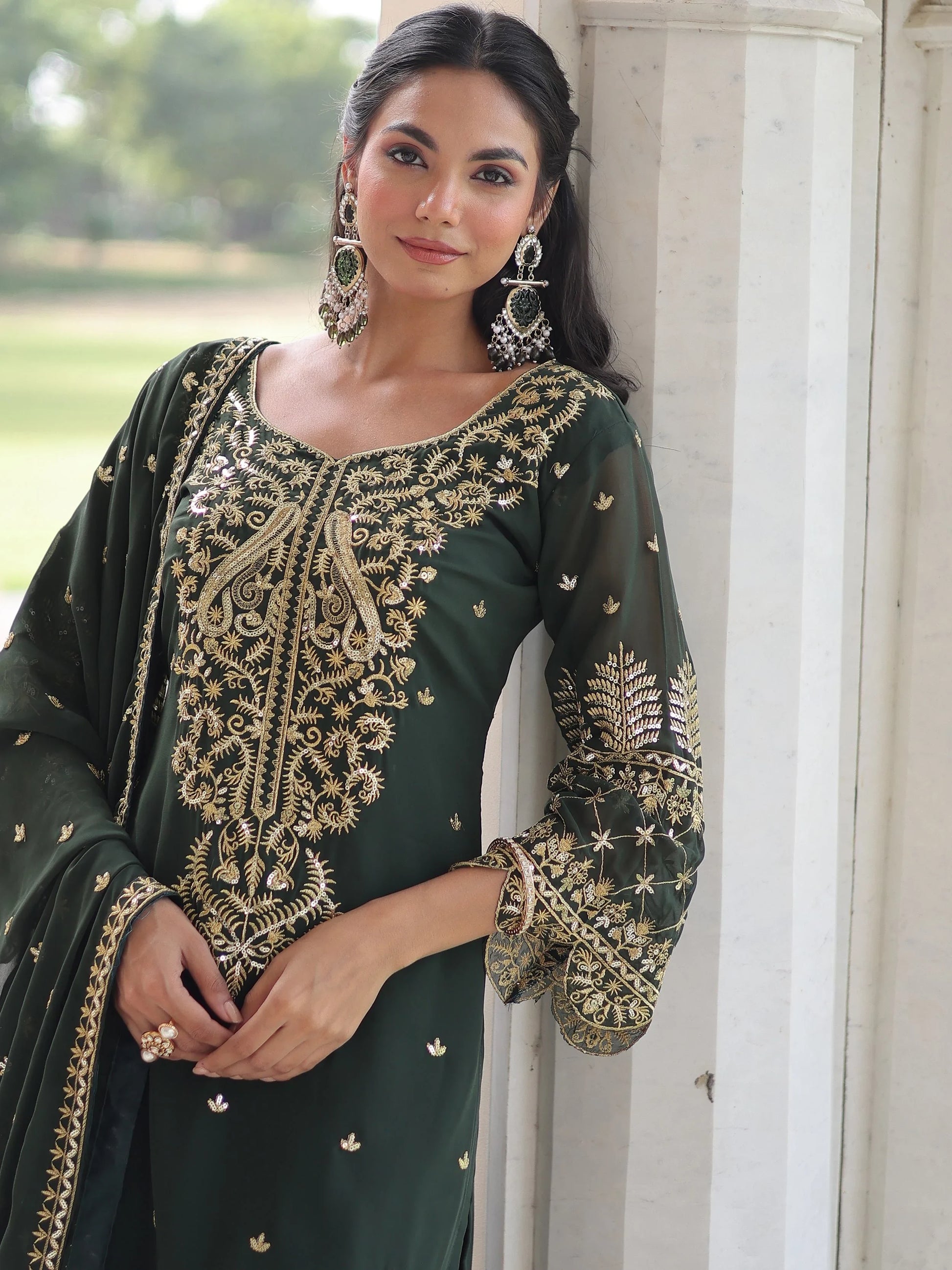 Wonderful Green Embroidered Georgette Mehendi Wear Pant Suit