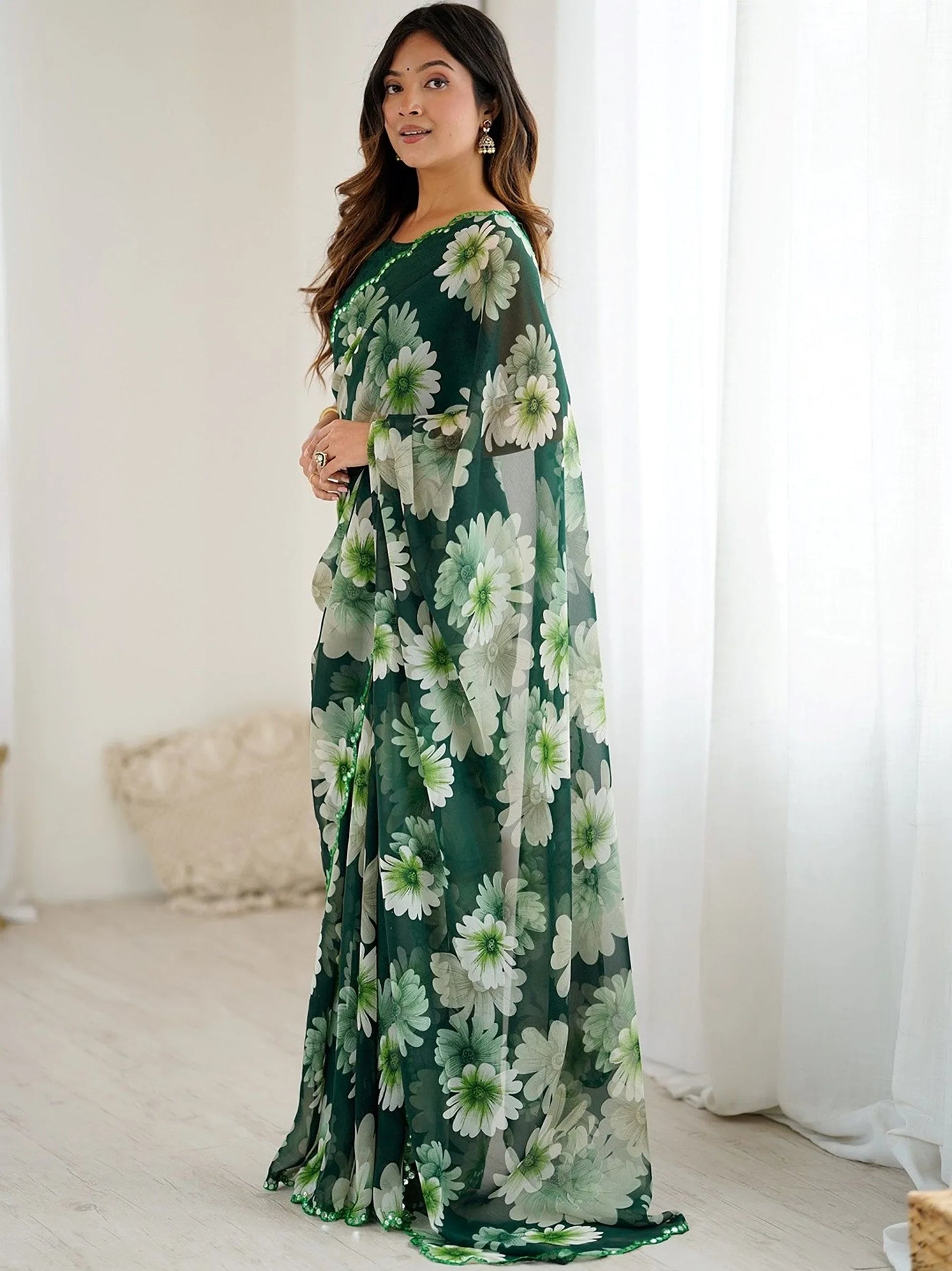 Wonderful Green Floral Printed Georgette Mehendi Wear Saree With Blouse