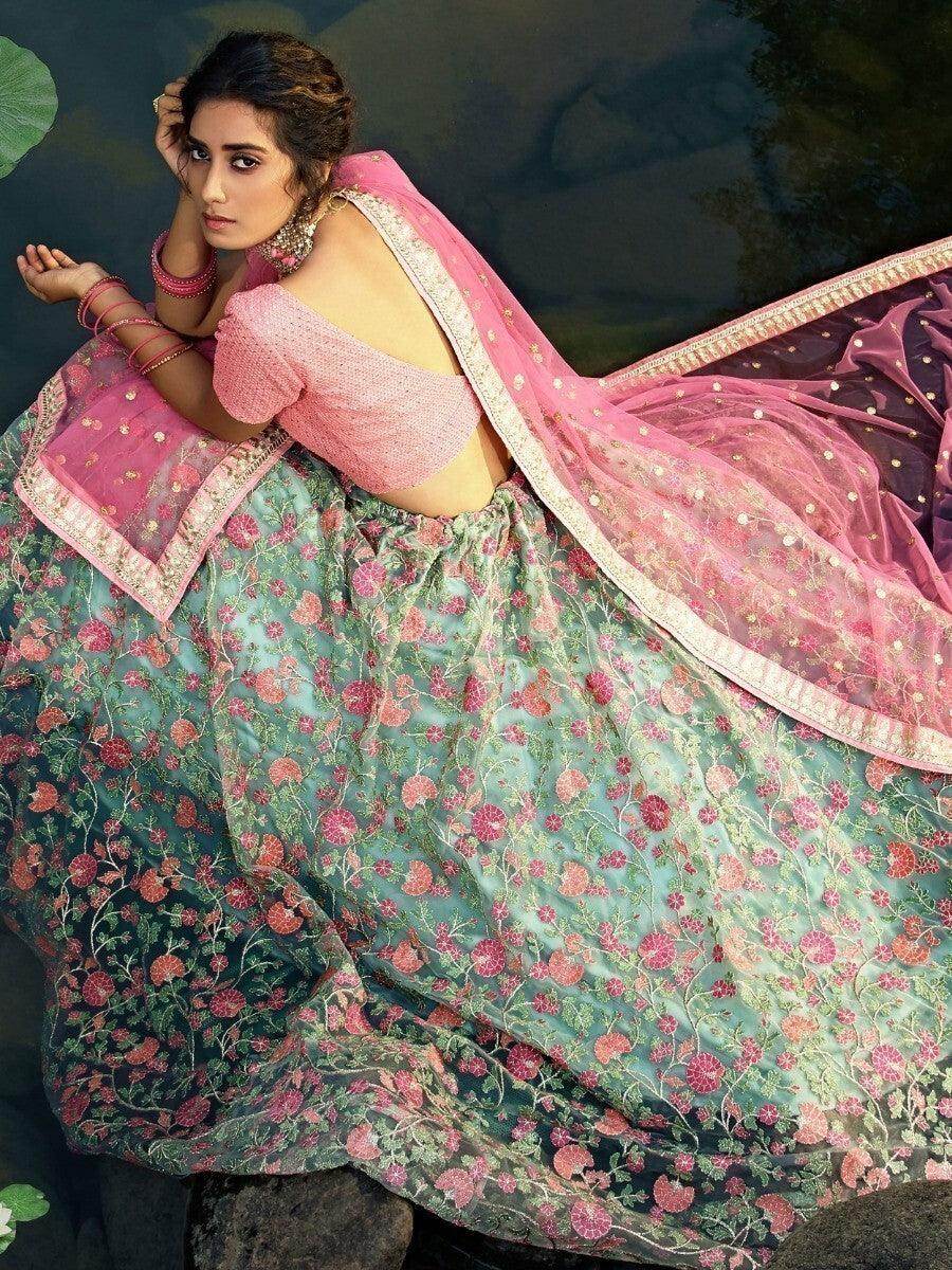 Wonderful Green Floral Thread Embroidered Net Wedding Wear Lehenga Choli - Zeel Clothing