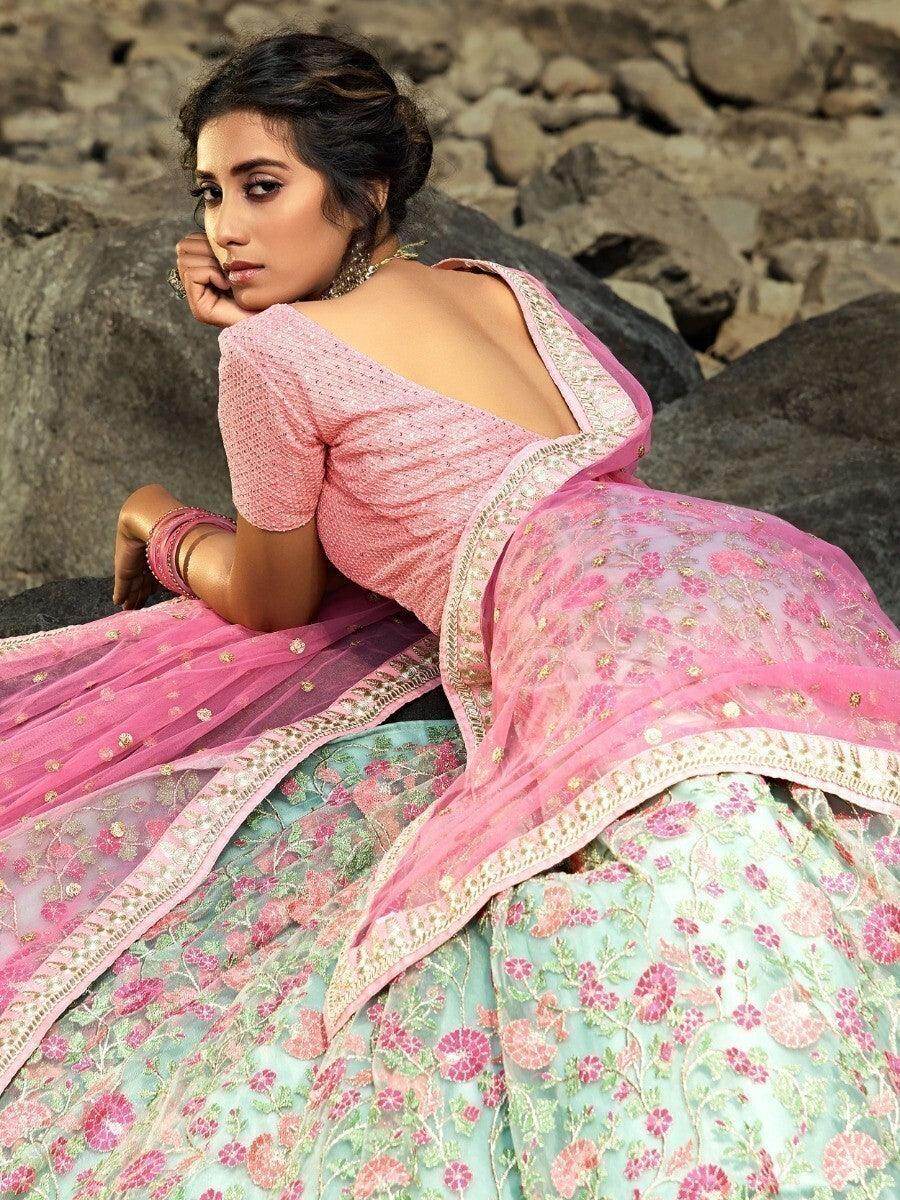 Wonderful Green Floral Thread Embroidered Net Wedding Wear Lehenga Choli - Zeel Clothing