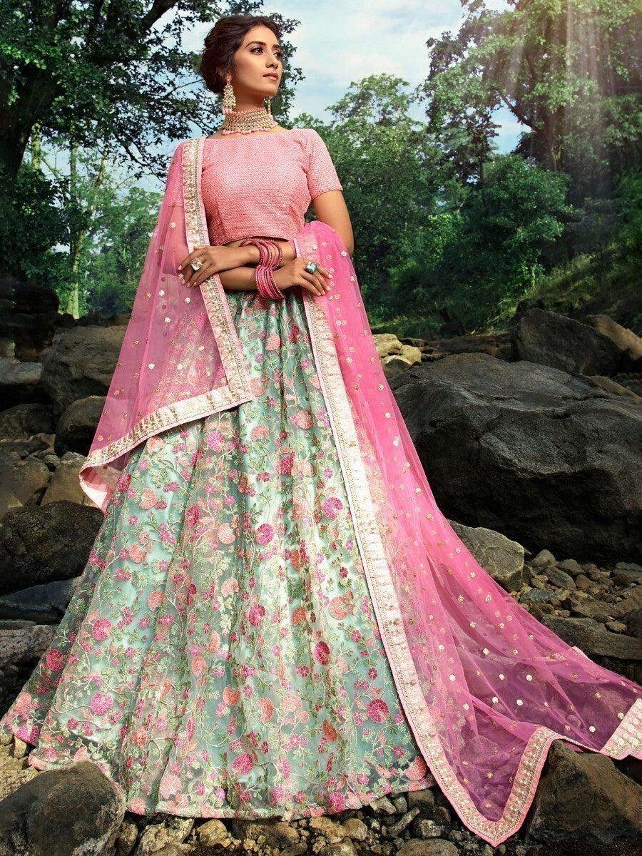 Wonderful Green Floral Thread Embroidered Net Wedding Wear Lehenga Choli - Zeel Clothing