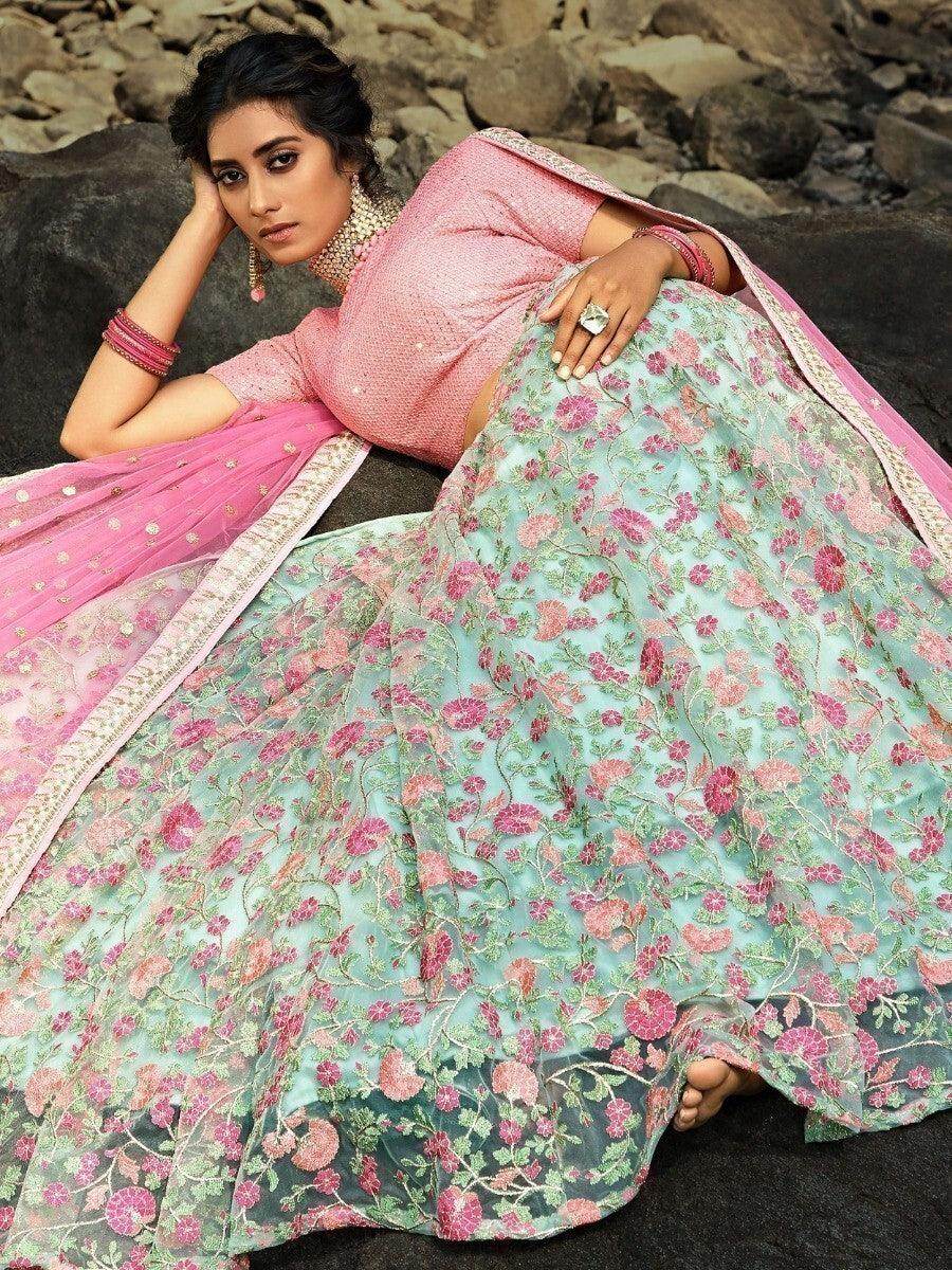 Wonderful Green Floral Thread Embroidered Net Wedding Wear Lehenga Choli - Zeel Clothing