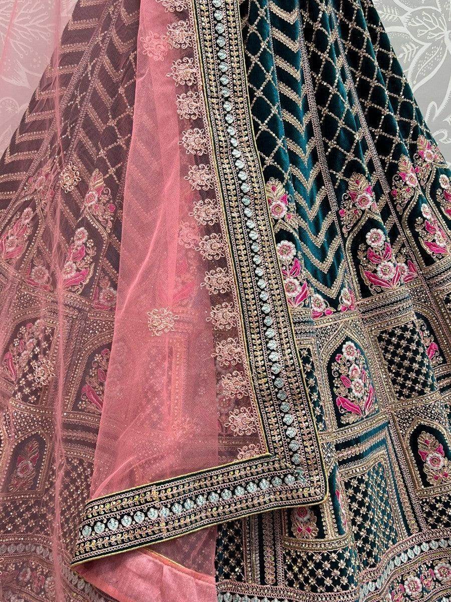 Wonderful Green Multi-Thread Word Velvet Bridal Lehenga Choli - Zeel Clothing