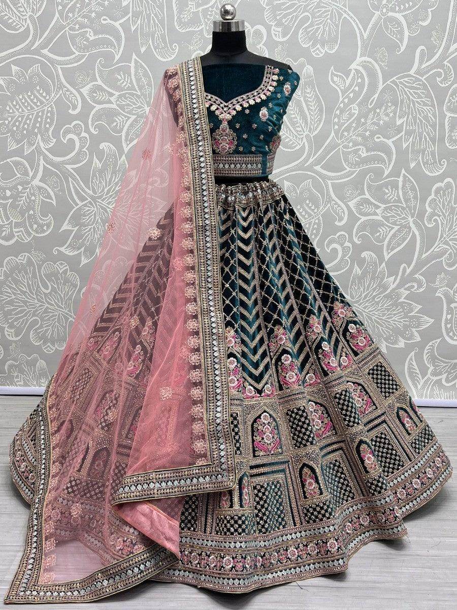 Wonderful Green Multi-Thread Word Velvet Bridal Lehenga Choli - Zeel Clothing
