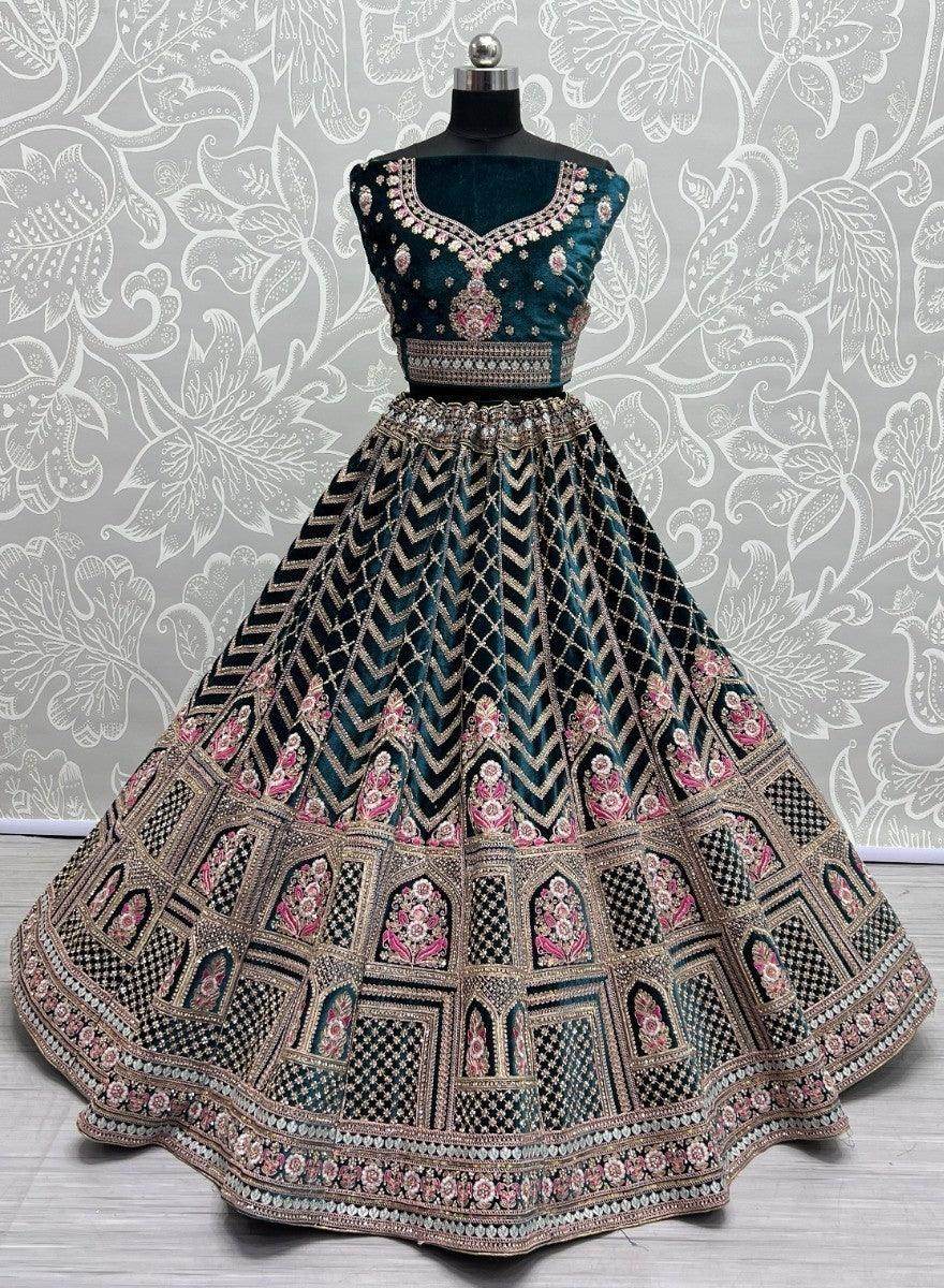 Wonderful Green Multi-Thread Word Velvet Bridal Lehenga Choli - Zeel Clothing