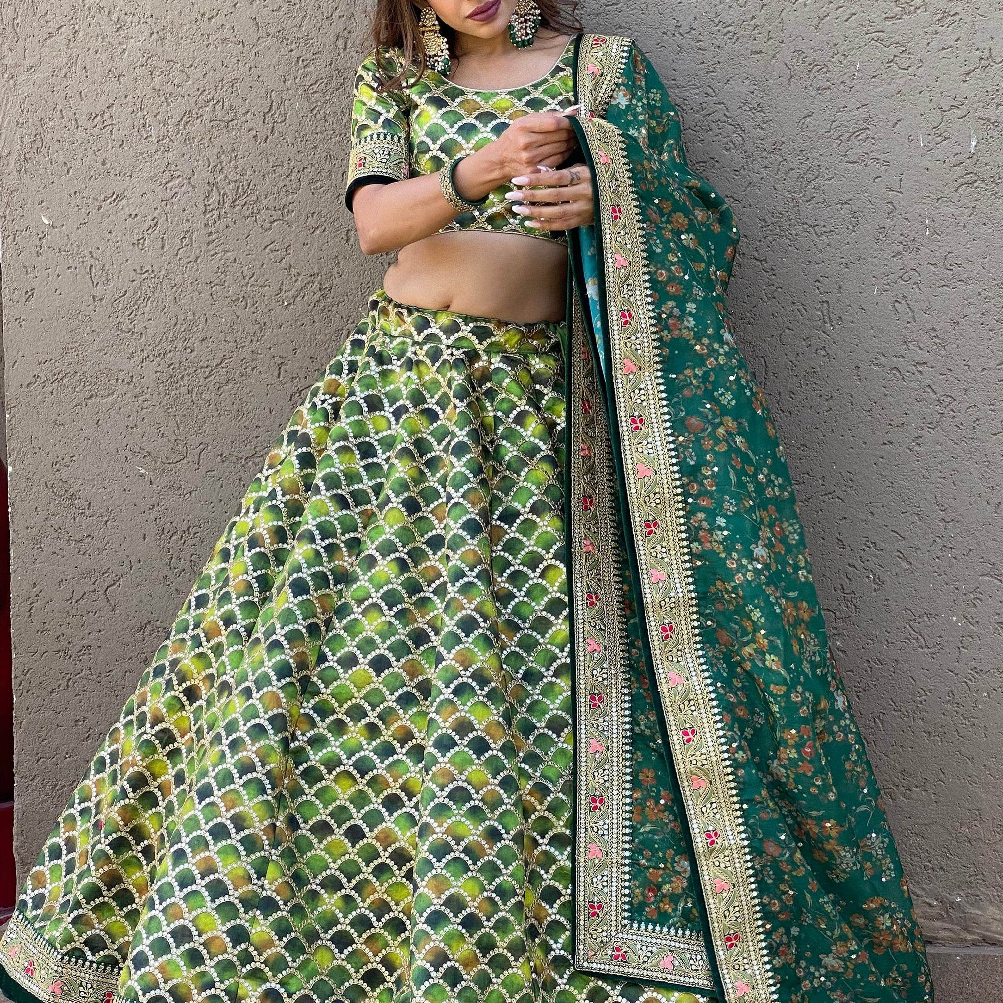 Wonderful Green Sequins Art Silk Wedding Lehenga Choli With Dupatta - Zeel Clothing