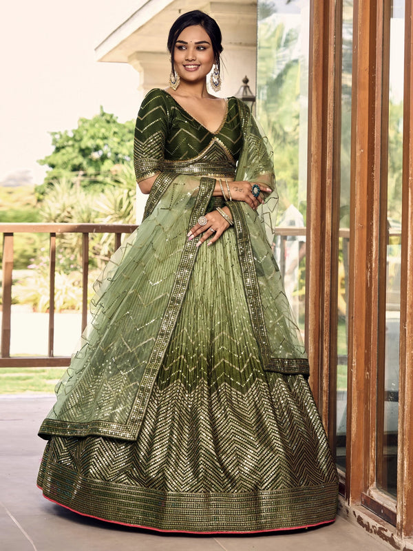 Wonderful Green Sequins Chinon Mehendi Wear Lehenga Choli
