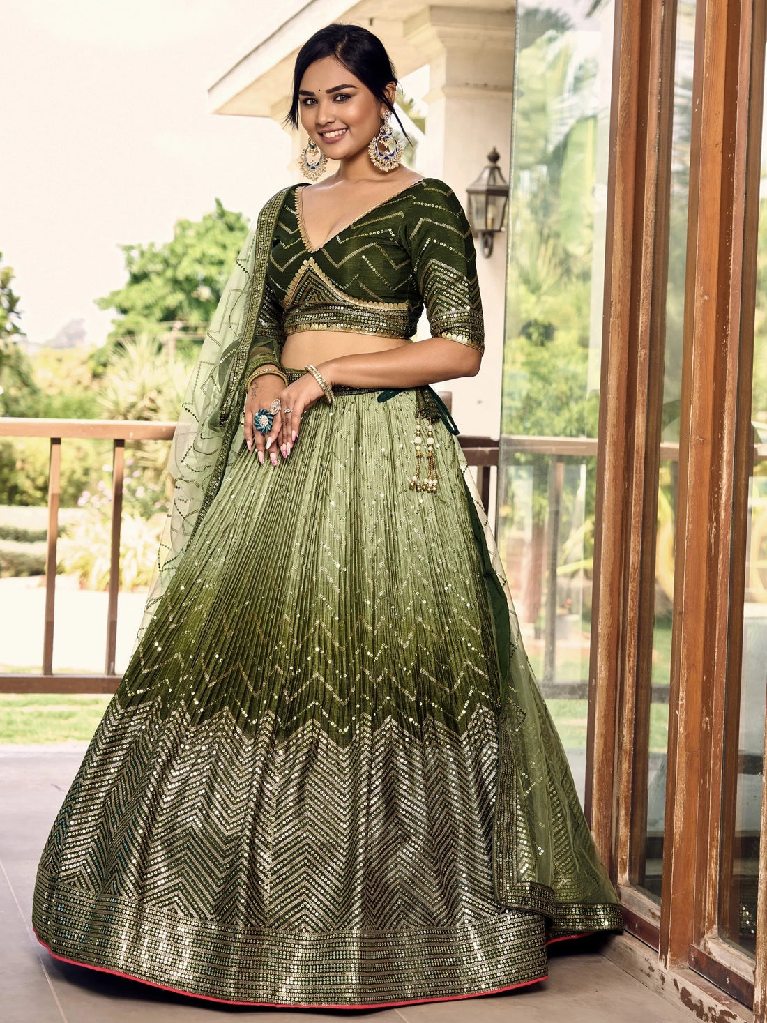 Wonderful Green Sequins Chinon Mehendi Wear Lehenga Choli