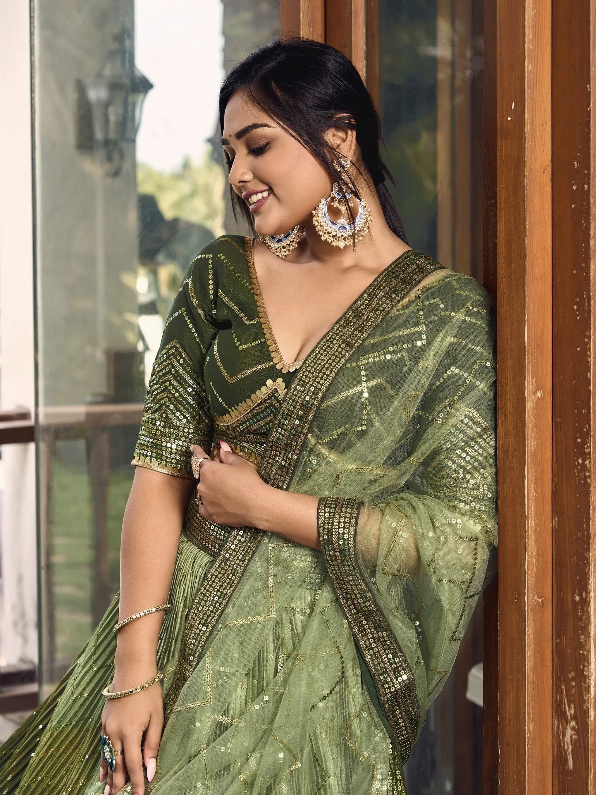 Wonderful Green Sequins Chinon Mehendi Wear Lehenga Choli - Zeel Clothing