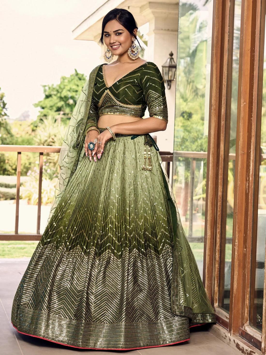 Wonderful Green Sequins Chinon Mehendi Wear Lehenga Choli - Zeel Clothing
