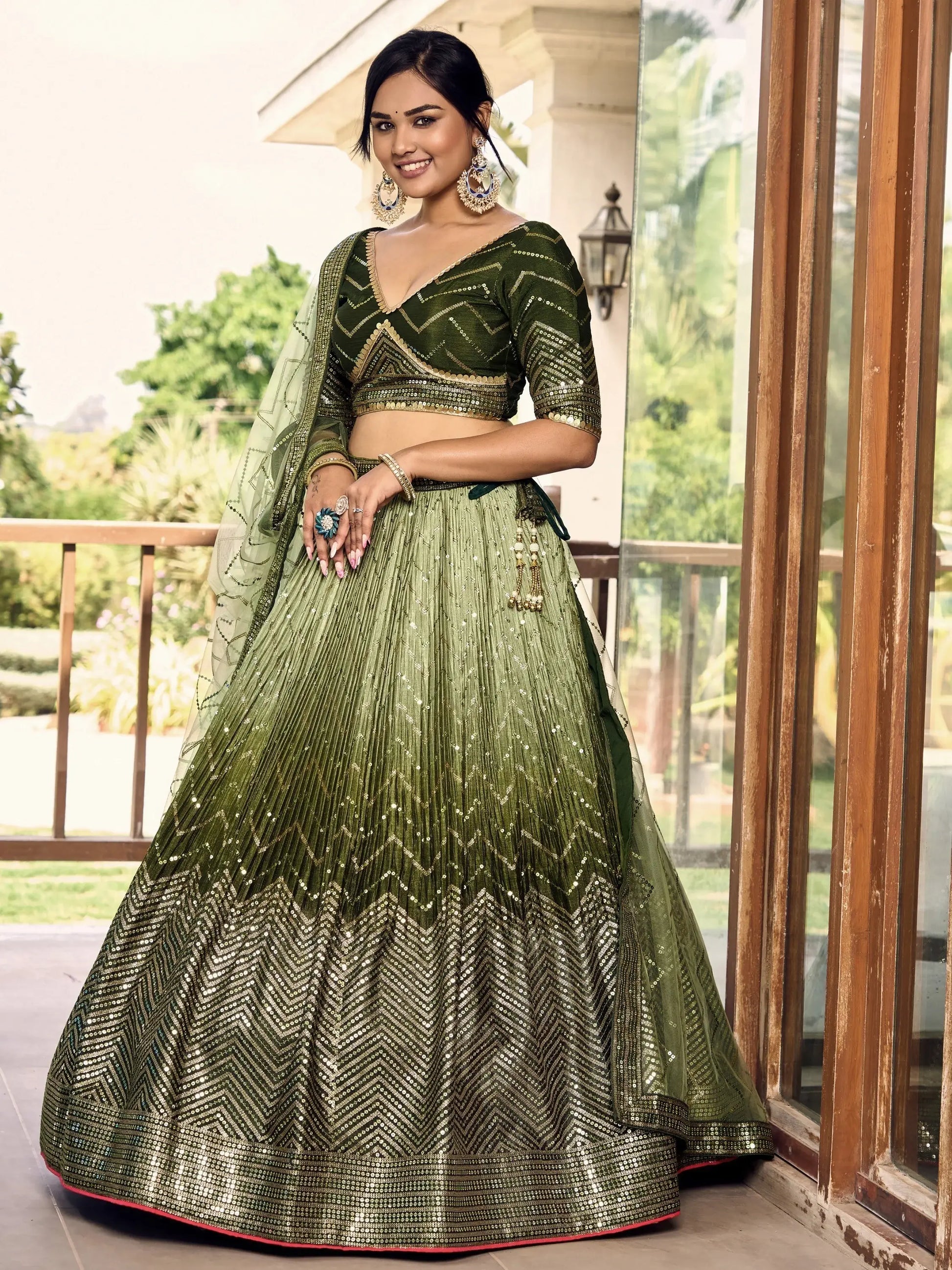 Wonderful Green Sequins Chinon Mehendi Wear Lehenga Choli - Zeel Clothing