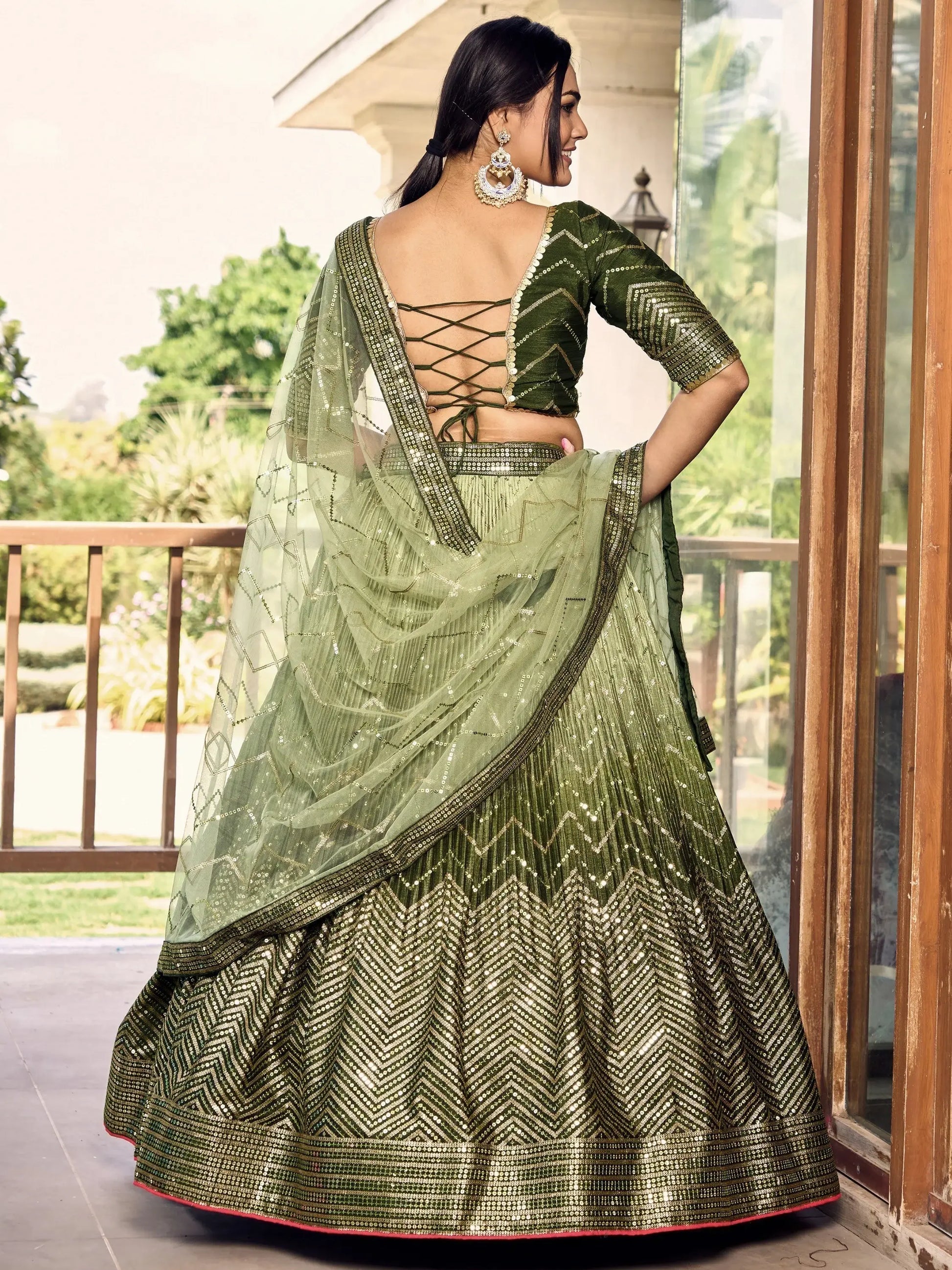 Wonderful Green Sequins Chinon Mehendi Wear Lehenga Choli - Zeel Clothing