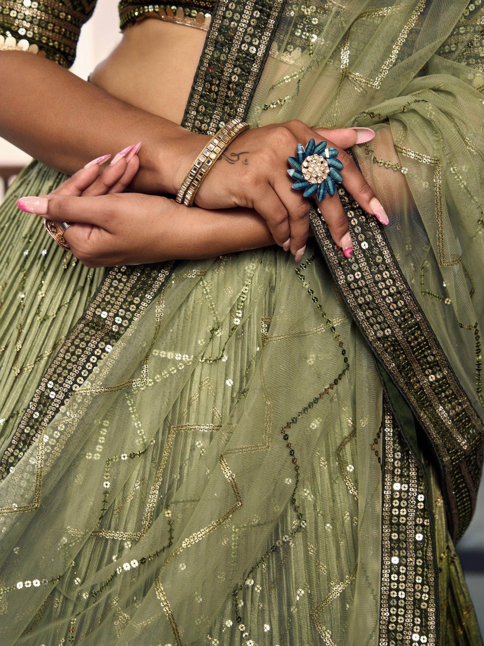Wonderful Green Sequins Chinon Mehendi Wear Lehenga Choli - Zeel Clothing